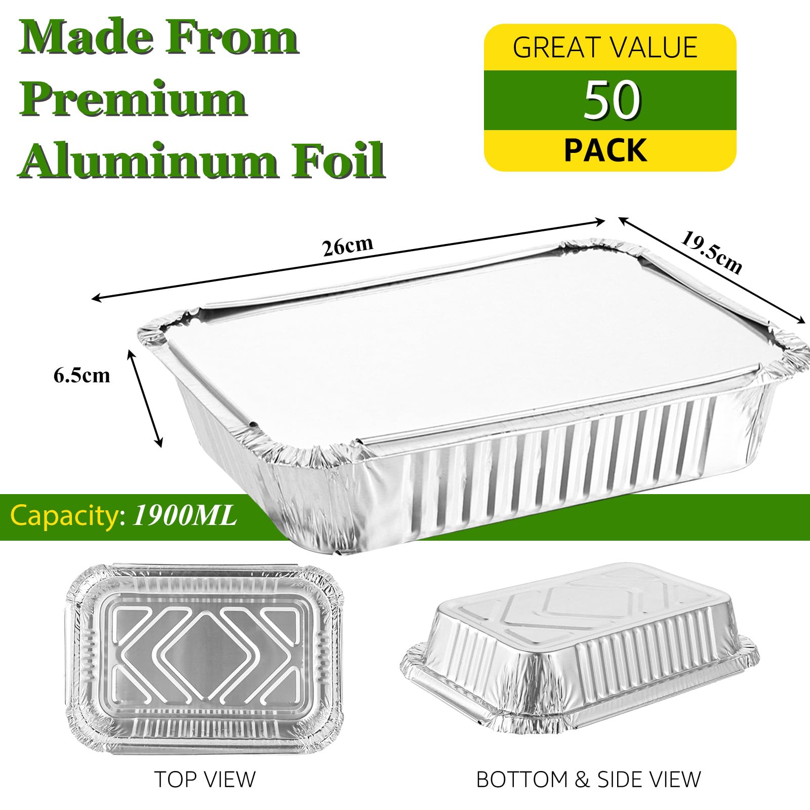 Barquette Aluminium 12 Pieces 1750Ml,25 * 19Cm,Récipient Pour Barquette Alimentaire Jetable
