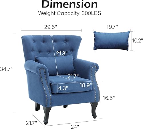 Miniatura 3 de KCC Sillón de lectura moderno de mediados de siglo, silla de club tapizada con respaldo copetudo, patas de madera de goma y almohada lumbar, color