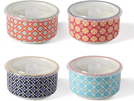 Metahom Ceramic Bowl Set with Lids, Serving Bowls with lids, 5 Inch Prep Bowls for Kitchen, Lunch, Picnic, Microwave & Dishwasher Safe, 20 Oz Set of 4