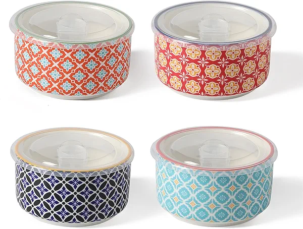 Metahom Ceramic Bowl Set with Lids, Serving Bowls with lids, 5 Inch Prep Bowls for Kitchen, Lunch, Picnic, Microwave & Dishwasher Safe, 20 Oz Set of 4