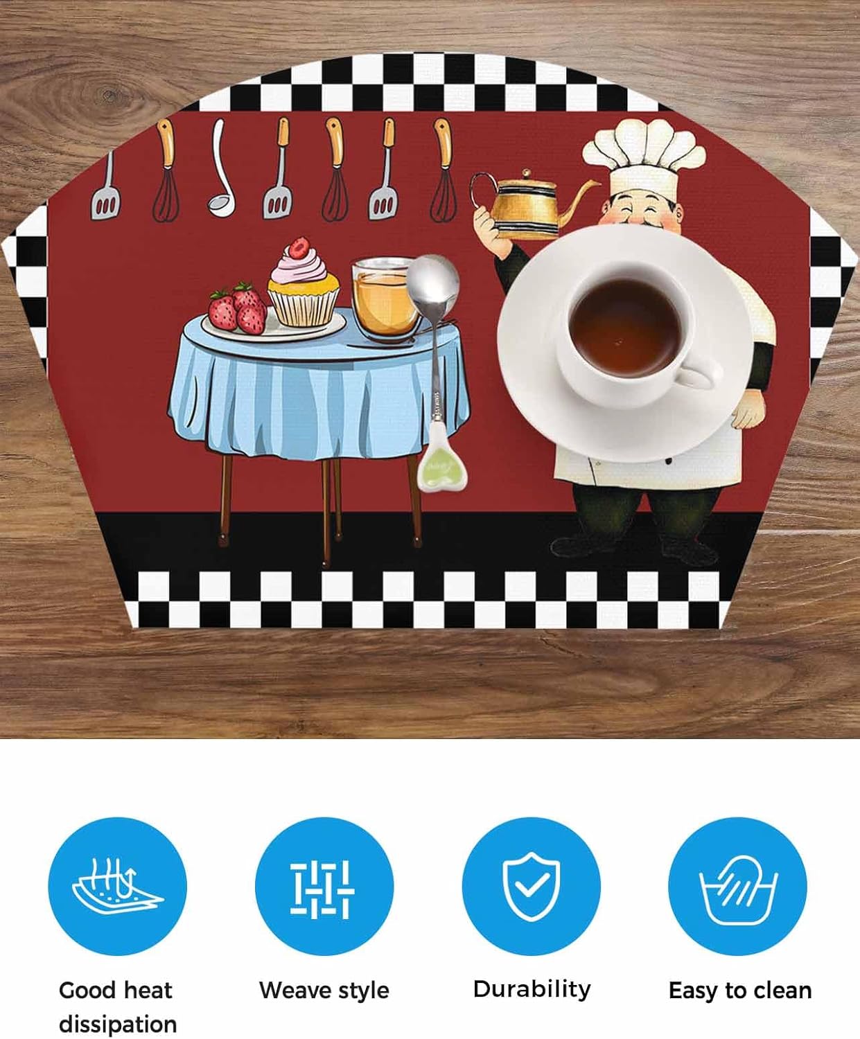 Farmhouse Cartoon Fat Chef Placemats for Round Table Kitchen Restaurant, Retro Black White Plaid Round Table Placemats Set of 4, Wedge Decorative Dining Table Mats Centerpiece Woven Place Mat