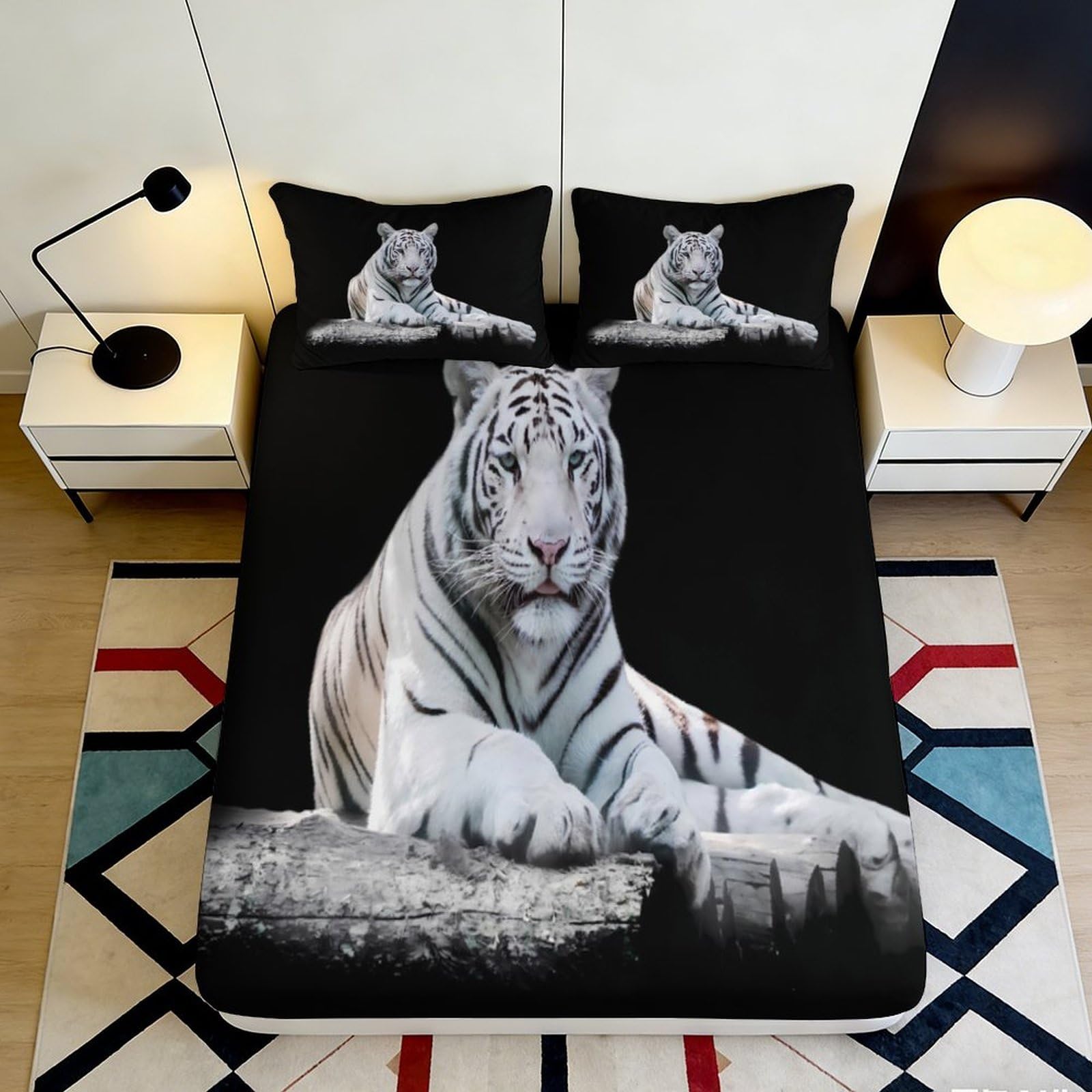 3D Printed White Tiger Fitted Sheet Microfiber Soft Breathable Black Forest Mattress Cover for Bedroom Guest Room Decor 90x200x25cm