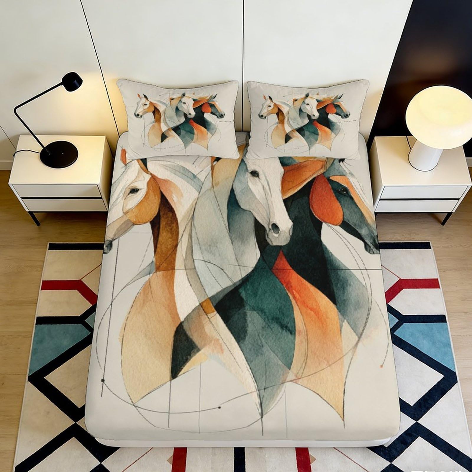3D Printed Artistic Horse Fitted Sheet Microfiber Soft Decor Abstract Geometric Bed Cover for Bedroom Guest Room Mattress Protection 90x200x25cm