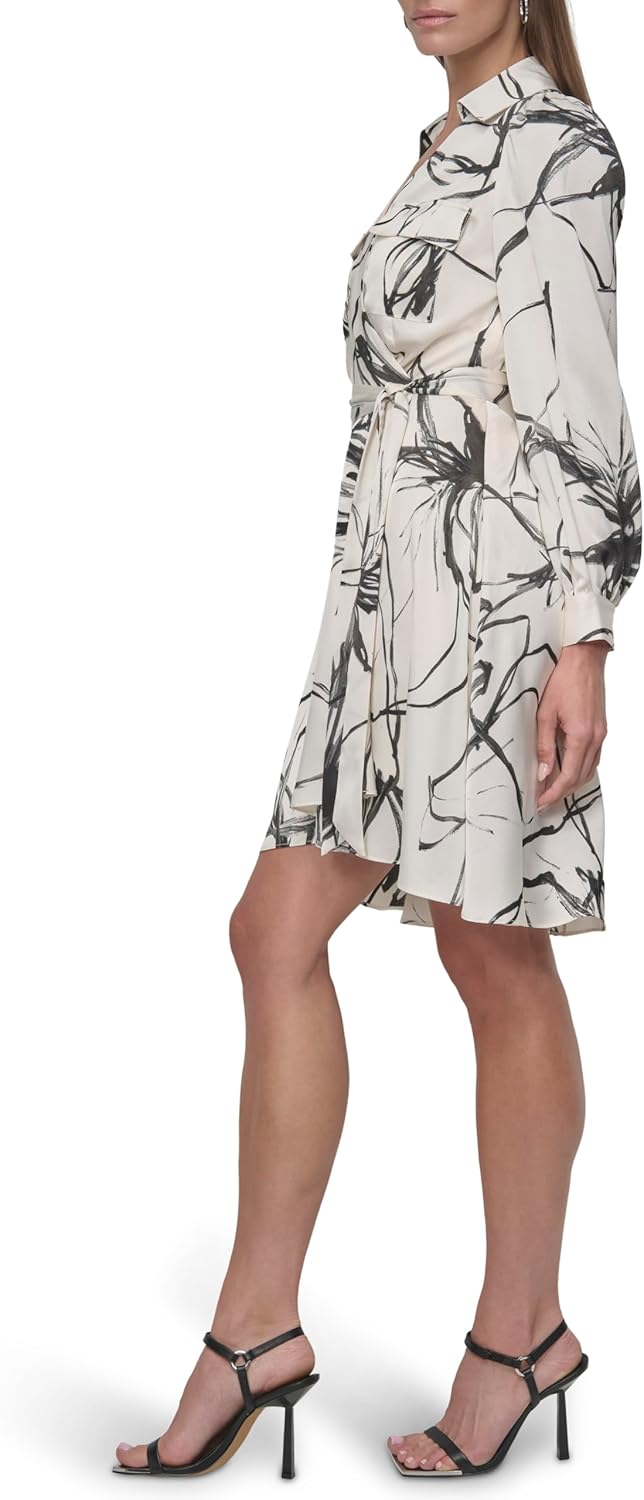 DKNY Womens Long Sleeve Collared Tie Mini Shirtdress - Image 3