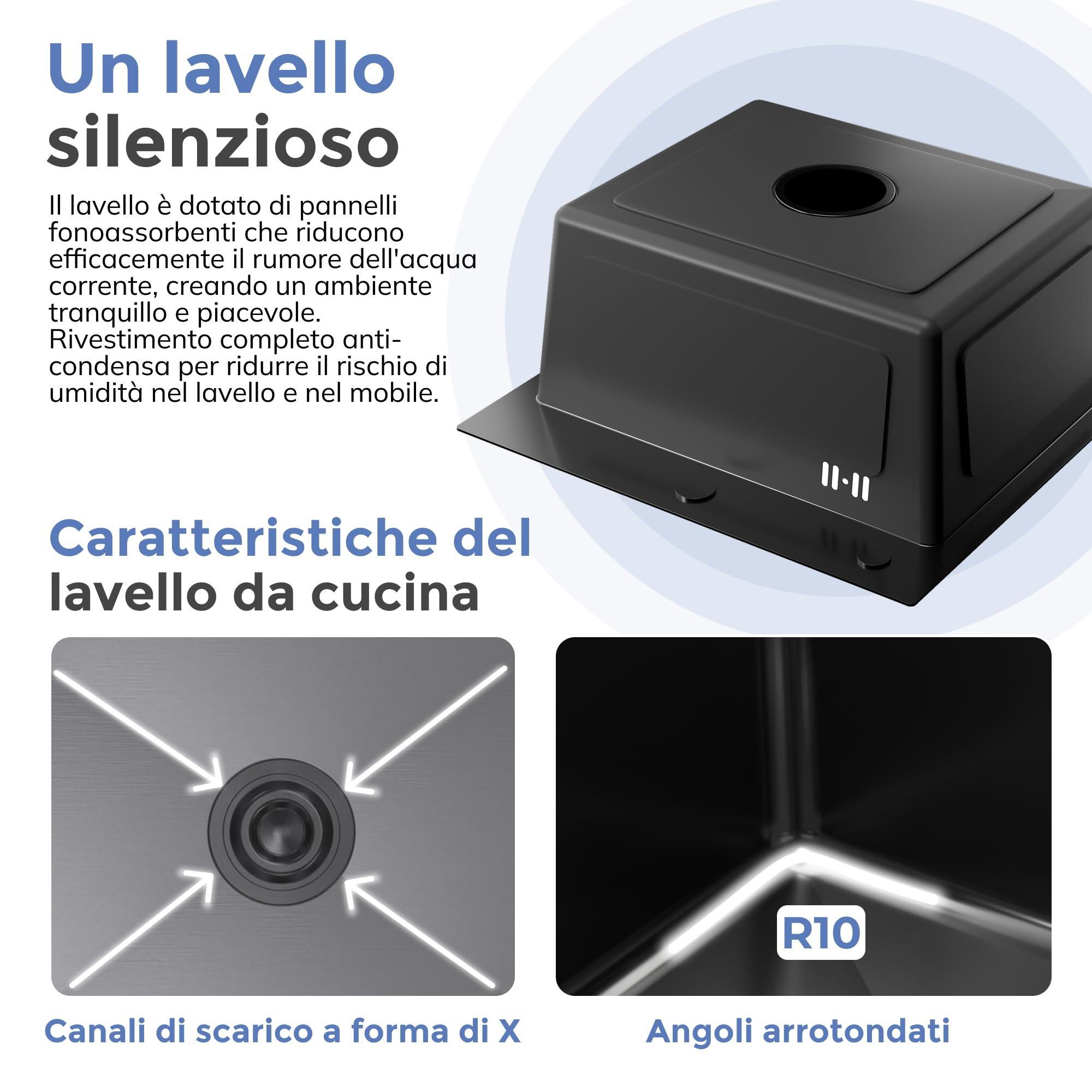 ANW HOME Lavello Cucina 1 Vasca Lavandino Cucina Acciaio Inox 304, Lavello da Incasso o Sottotop 37x45 cm Grafite PVD, Rivestimento Nano, Spessore 3,0+1 mm, Profondità 22 cm, con Sifone
