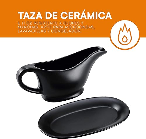 Miniatura 9 de Bruntmor - Recipiente y bandeja de cerámica para salsa, para aderezos de ensalada, leche, caldo, crema, apto para microondas y lavavajillas, 20