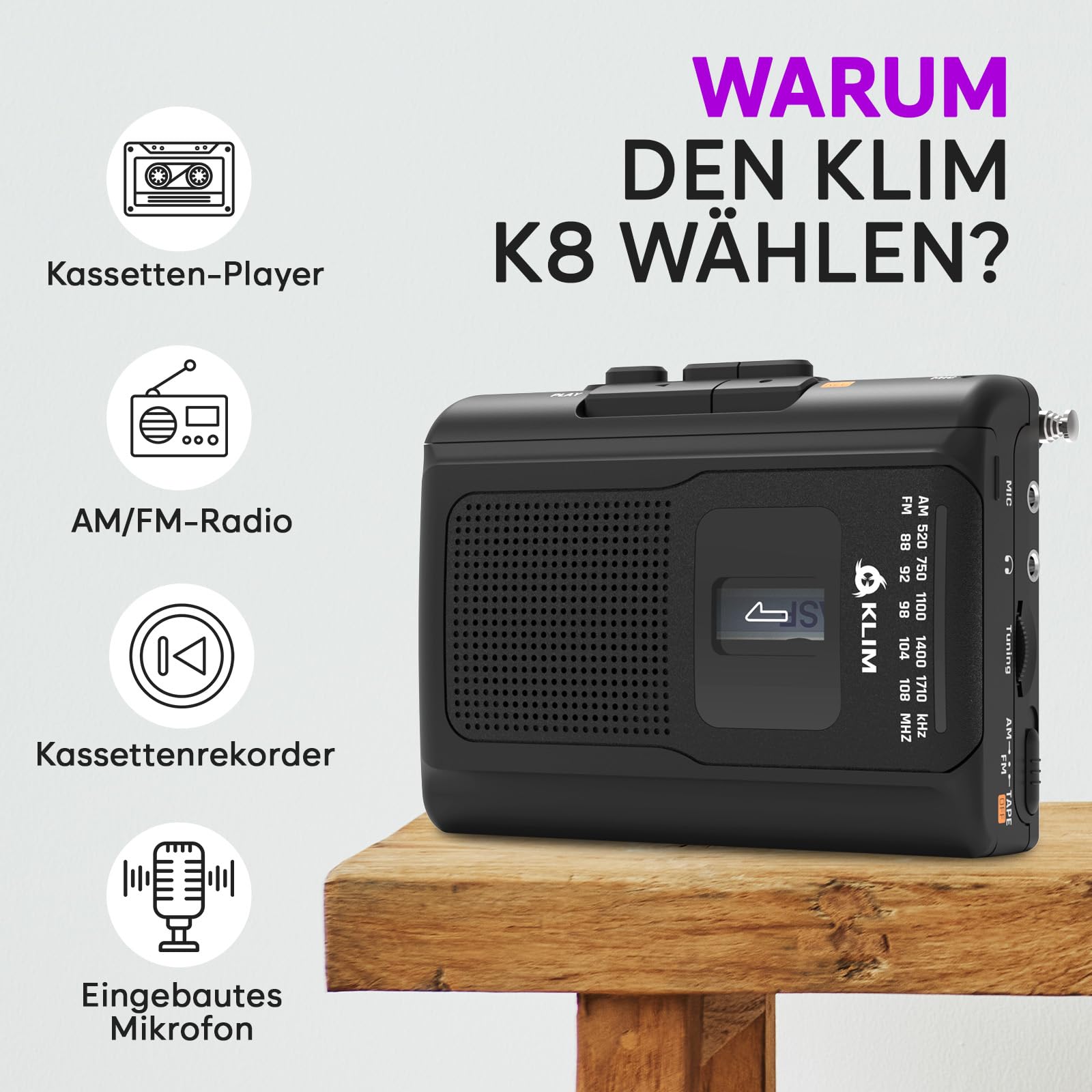 KLIM K8 Kassettenspieler mit Fusion-Kopfhörern - Kassettenrekorder - NEU Cassette Player - AM/FM Kassettenradio - Eingebautes Mikrofon & Lautsprecher - Kopfhöreranschluss & Ohrhörer - Schwarz