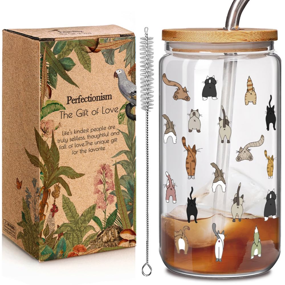 Enanaimg Cute Cat Themed Glass Cup Cat Mom Gifts for Women Crazy Cat's Lady, Small Cats Lover Birthday Gift for Daughter Sister Bestie Best Friend,