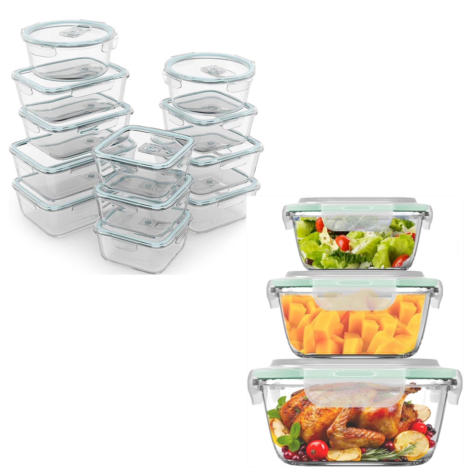 Razab24 PC + 6 PC Airtight Glass Food Storage Containers - Glass Meal Prep Containers - Microwave, Oven, Freezer & Dishwasher Safe