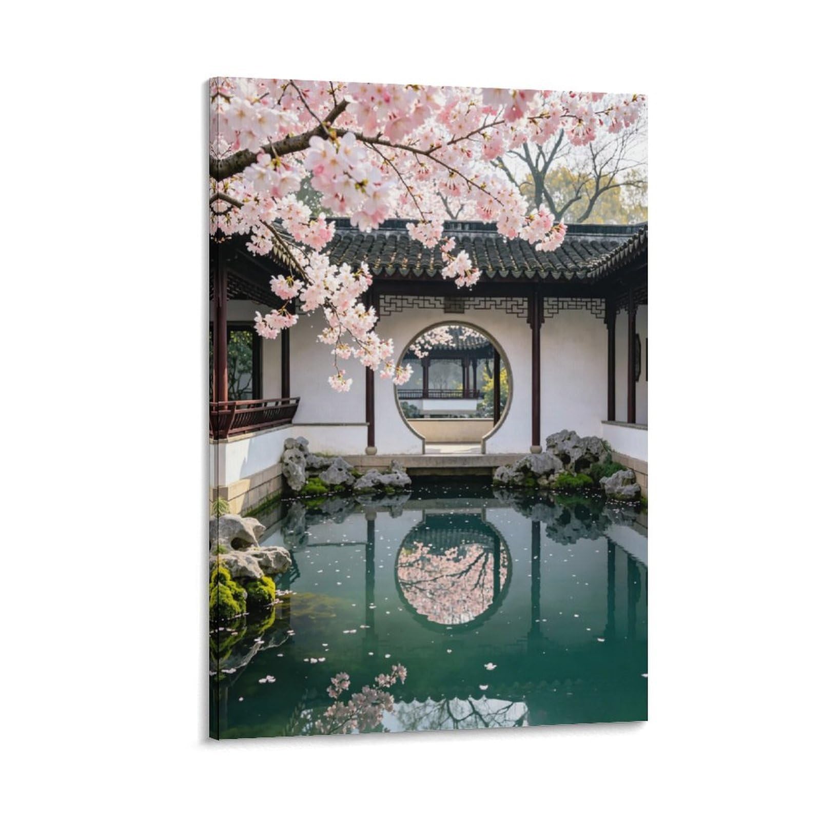IEJKLUVWX Chinese Cherry Courtyard Art Print Blossom Pond Reflection Waterproof Canvas Easy to Install Vibrant Colours for Nursery Sofa Background Home Decor Lover Unique 20x30inch(50x75cm)