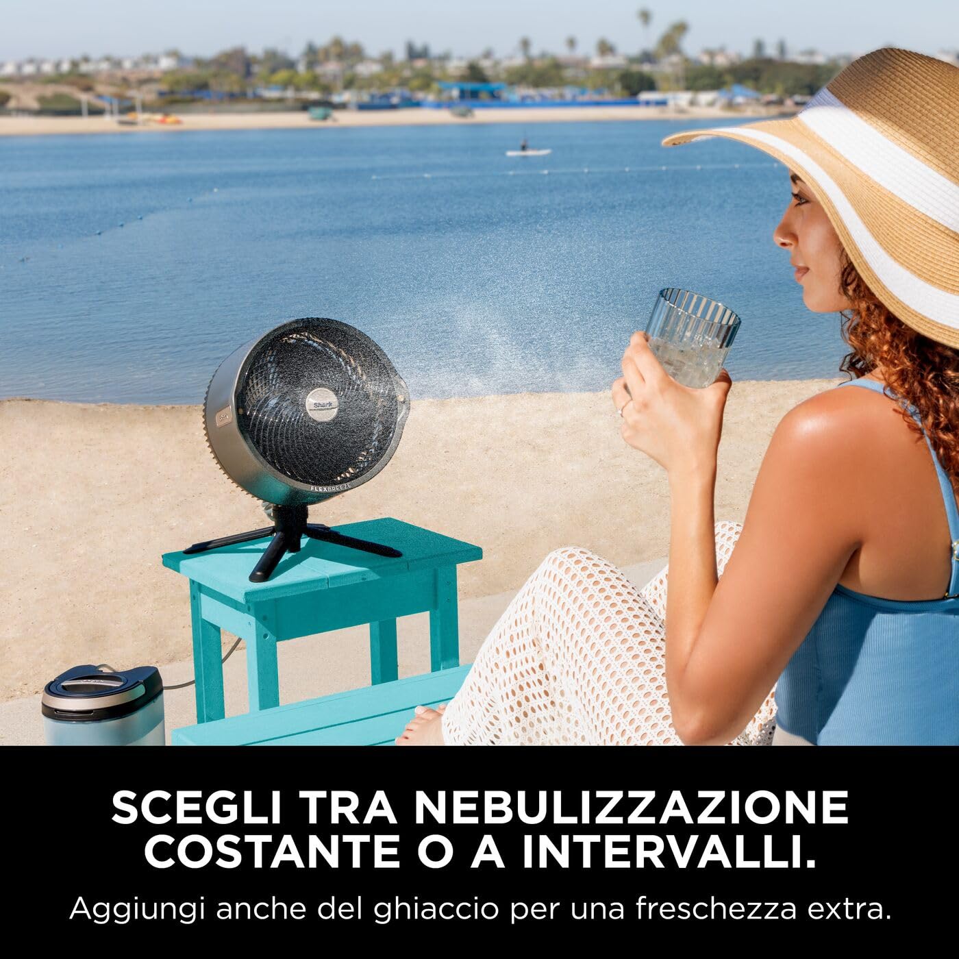 Shark FlexBreeze Pro Mist Ventilatore per Interni ed Esterni senza Filo con Nebulizzatore, Portatile, Raggio 20 m, a Piantana o da Tavolo, 5 Velocità, Silenzioso, Telecomando, Grigio Antracite FA300EU