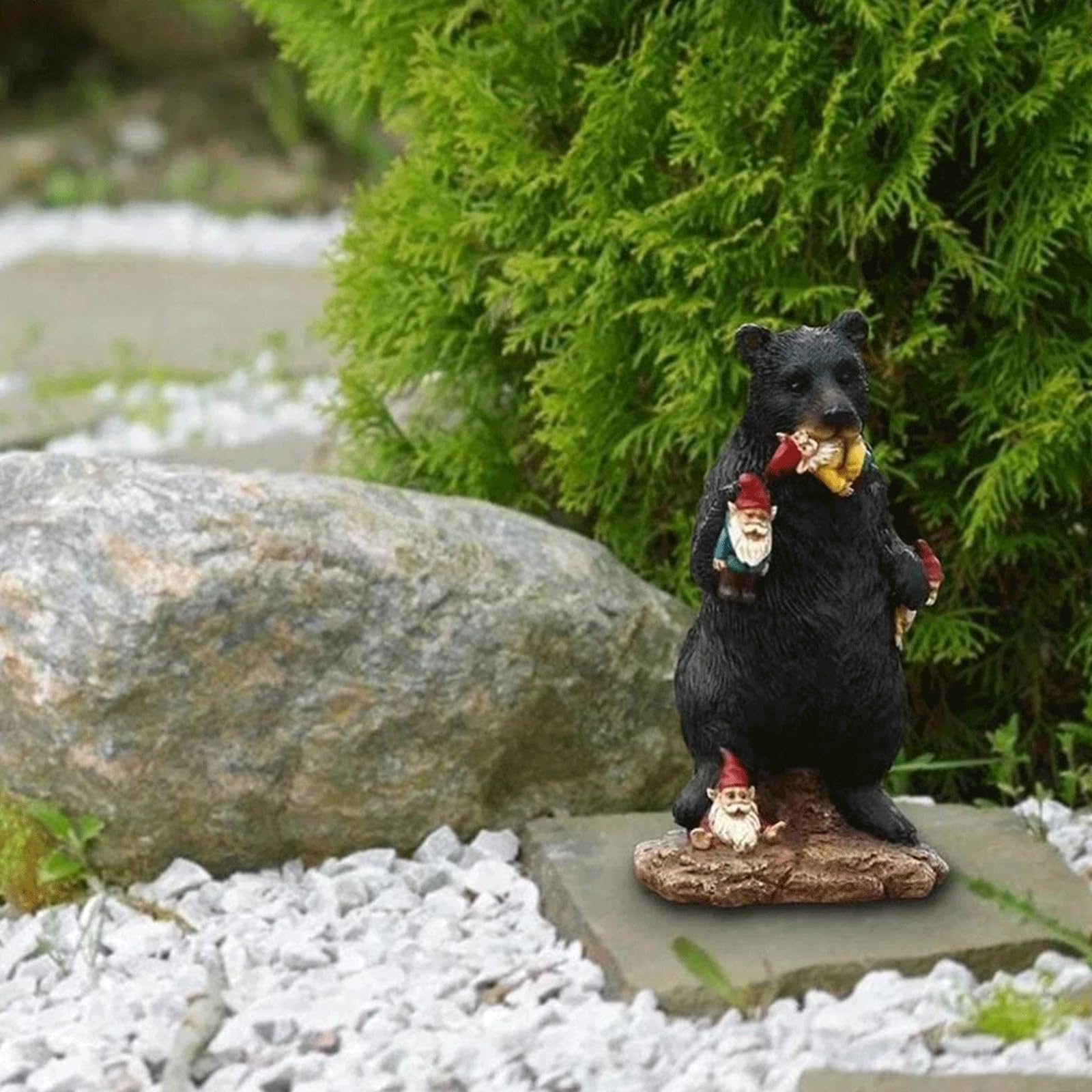 Decoraciones para exteriores para patio, oso negro, comiendo gnomos, esculturas divertidas, estatua de resina, adornos de resina para interiores y exteriores, jardín, patio, césped, patio