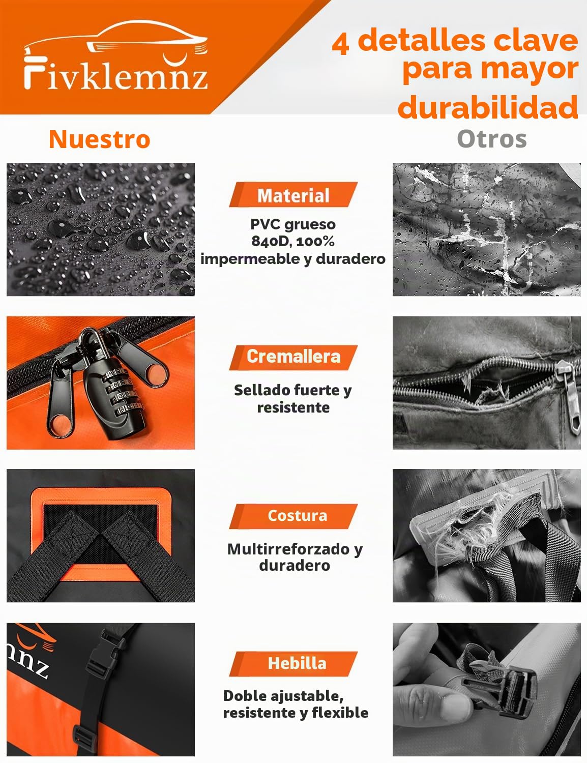 Bolsa para portaequipajes con Enganche, 566 l, 100% Impermeable, para Bandeja de Carga (150 x 61 x 61 cm), con 6 Correas reforzadas y candado, para vehículos con Cesta de Remolque de Acero (Grande)
