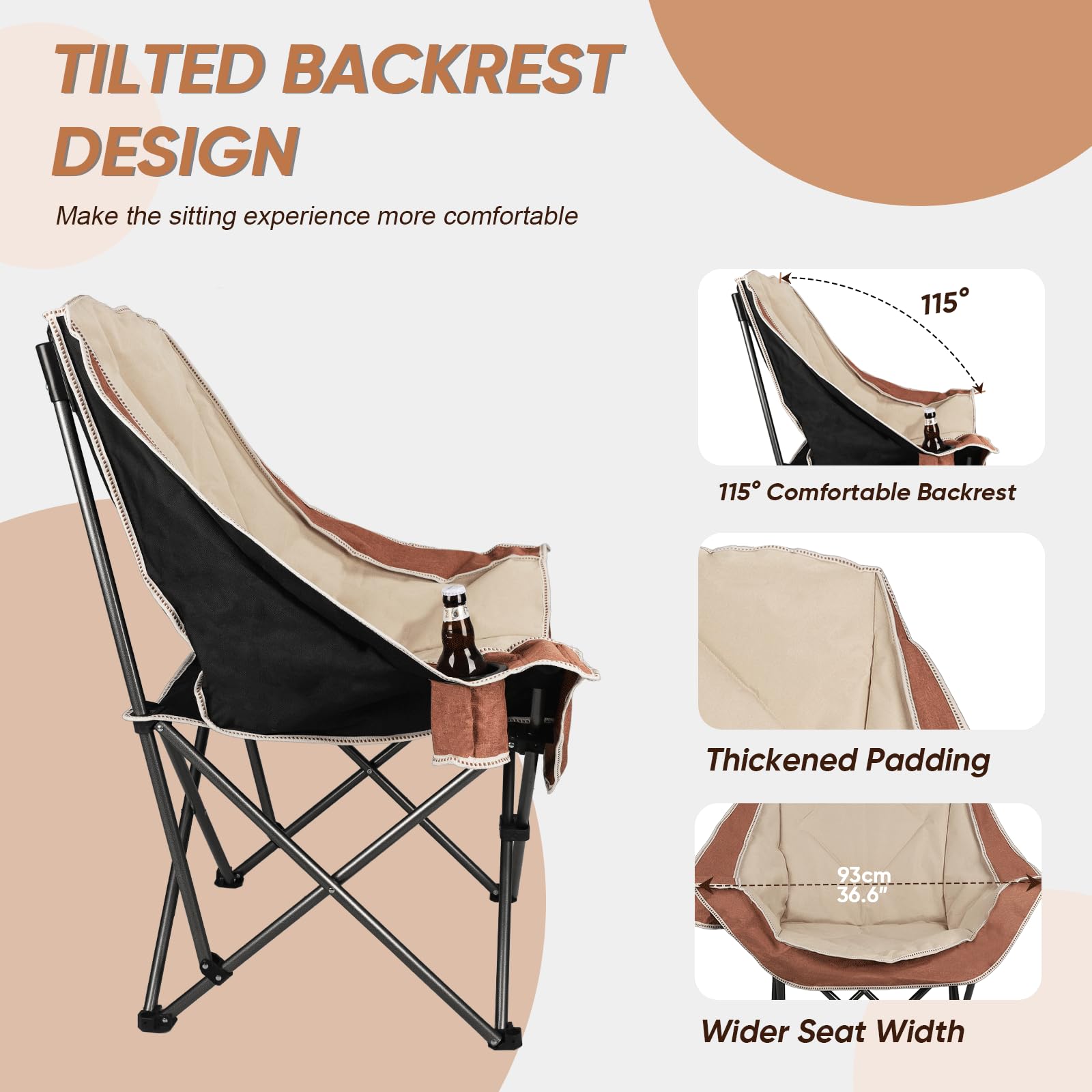 Northroad Sedia da campeggio pieghevole, sedia da campeggio portatile oversize con portabicchieri, sedia imbottita resistente per esterni, portelloni, spiaggia e sport, Moca