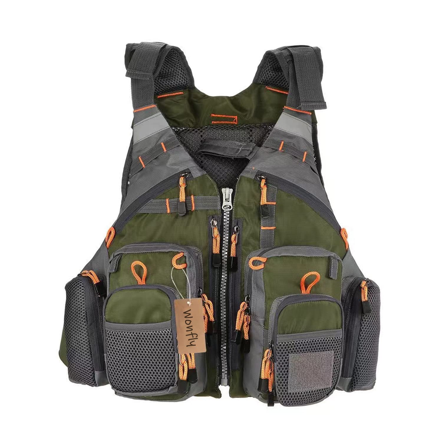 WonflyFishing Vest, Adjustable Fishing Multi-Pocket Mesh, Outdoor Fishing Waistcoat with Backpack Gear Bag for Camping Hunting Photography Vest Pack with Pockets, Green, L