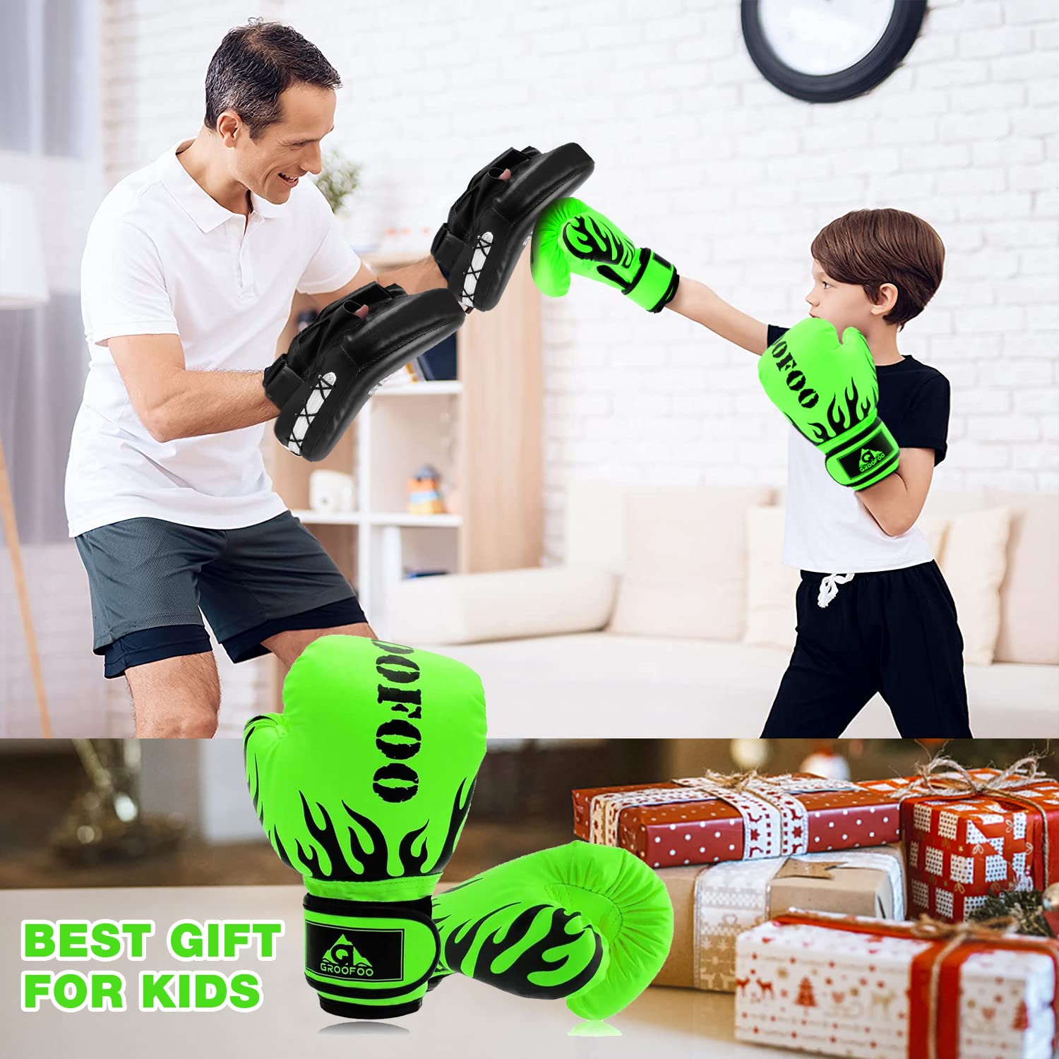 GROOFOO Guantoni da Boxe per Bambini 4oz 6oz Guanti da Boxe Sparring Allenamento per MMA Muay Thai Kick Boxing età da 3 a 14 Anni