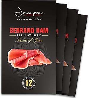 Spanish Serrano Ham Sliced Dry-Cured (12oz) - Spanish Jamon Serrano with NO Nitrates or Nitrites all Natural, GMO Free and Gluten Free - Jamonprive (3 oz Each, Pack of 4 Units)