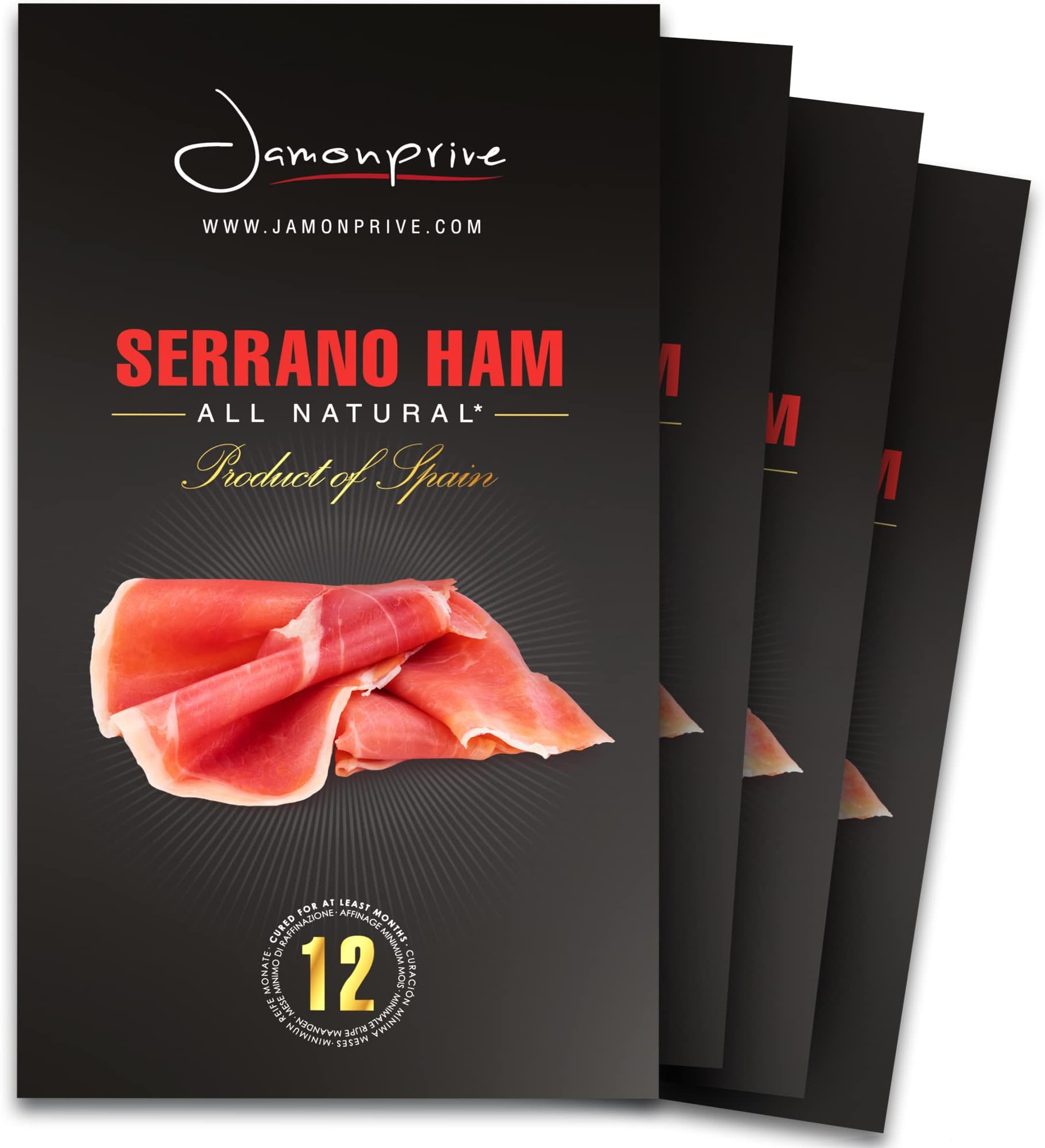 Spanish Serrano Ham Sliced Dry-Cured (12oz) - Spanish Jamon Serrano with NO Nitrates or Nitrites all Natural, GMO Free and Gluten Free - Jamonprive (3 oz Each, Pack of 4 Units)