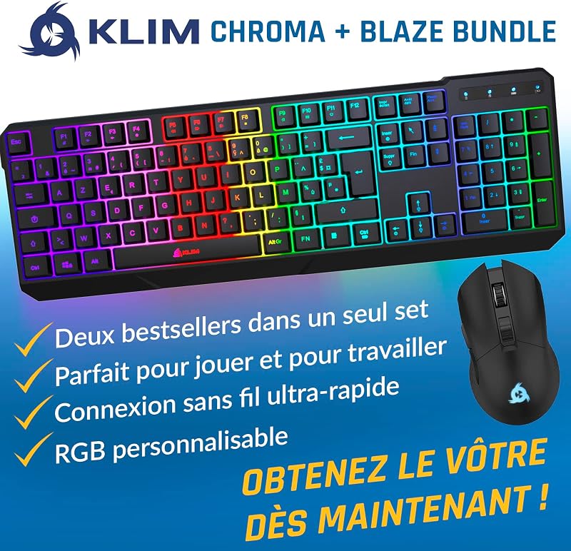 KLIM Blaze & Chroma vezeték nélküli RGB gamer billentyűzet és egér szett - ergonomikus, tartós akkumulátor, PC/Mac/PS4/PS5 kompatibilis