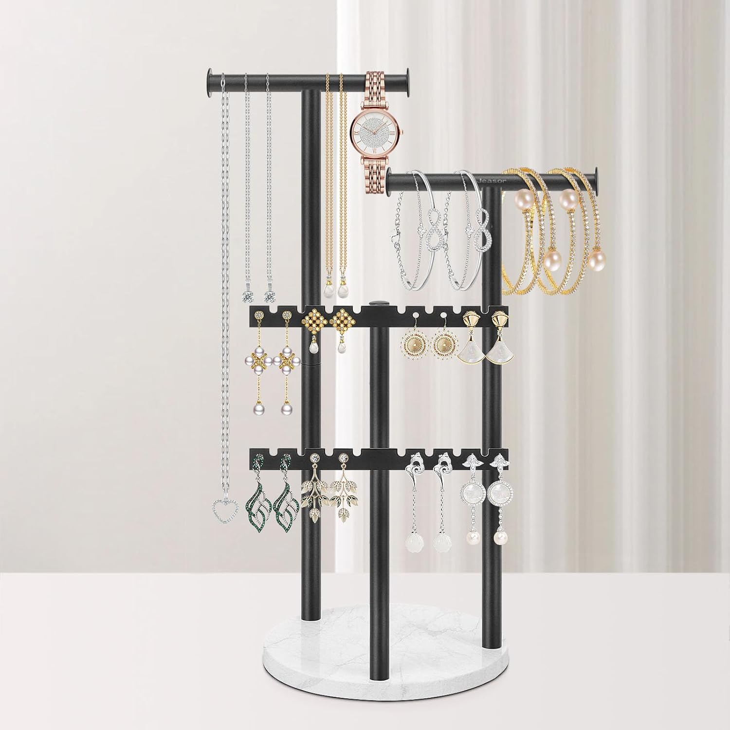 Necklace Holder Organizer, Metal Earrings Display Stand with Marble Base, 3-Tier Jewelry Storage for Women Girls, Black and White