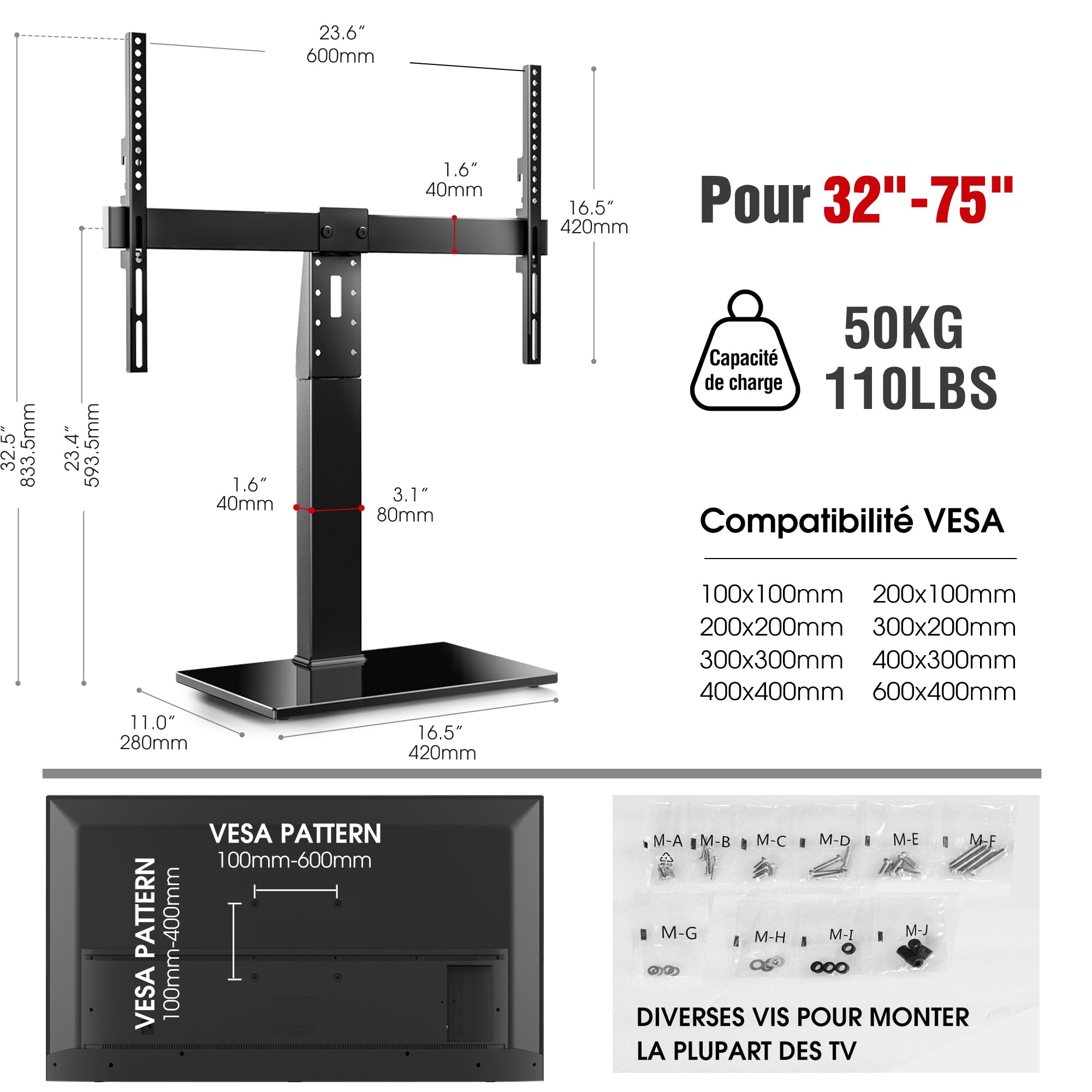 AOKCOS Support TV sur Pied pour TV de 32-75 Pouces - Pied TV Universel Pivotant 50° - Max Capacité 50 kg - Max VESA 600x400 mm