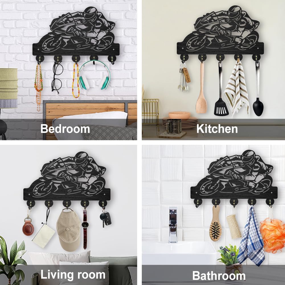 MAYJOYDIY Motorcycle Wooden Key Holder Motorbike Racing Key Hanger for Wall 11.8×7.9 Inch Drift Decorative Wall Mount Coat Rack with 5 Alloy Hooks for Entryway Kitchen Office Bedroom Gift