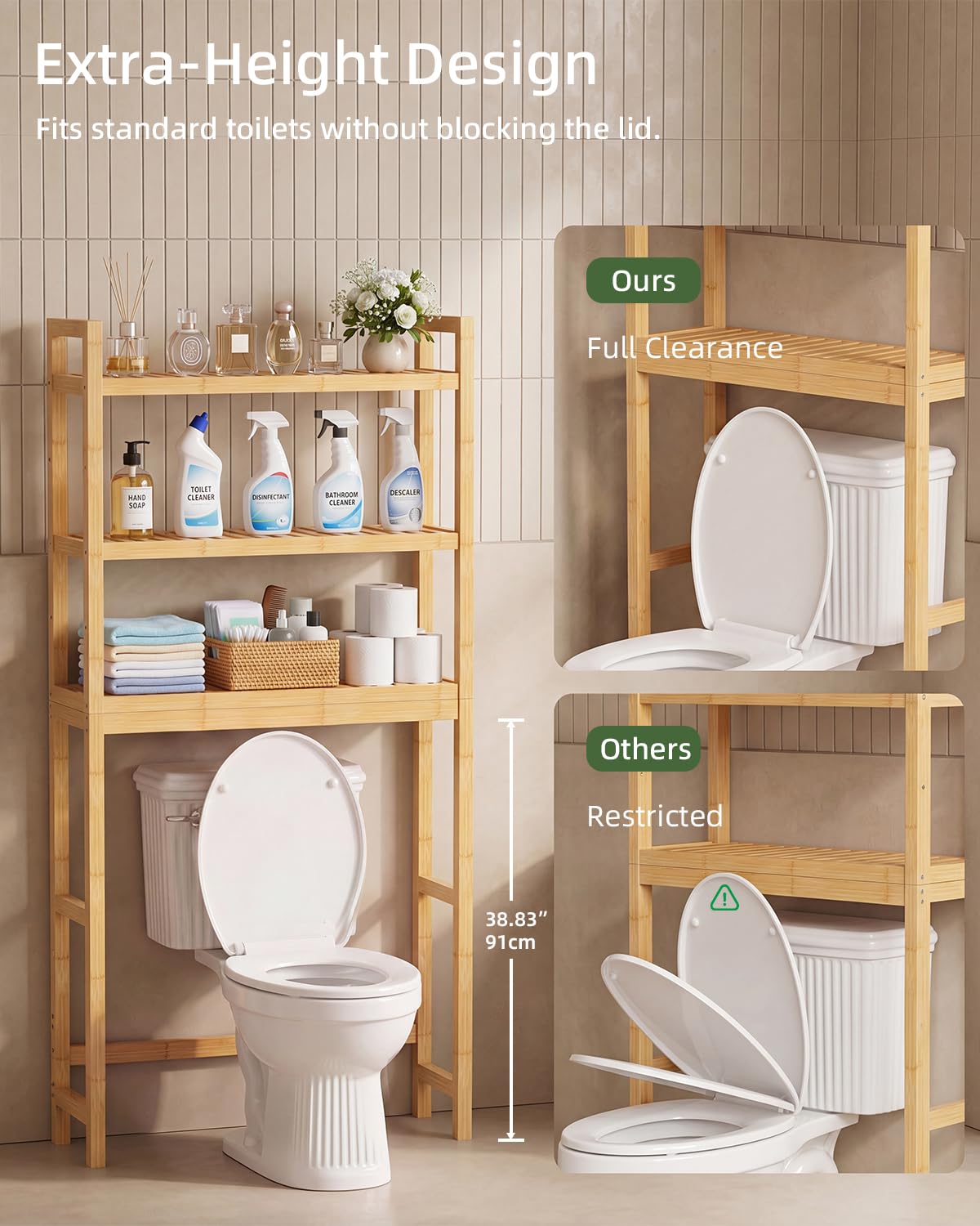 SMIBUY Salle de Bains étagère de Rangement, Bamboo Over-The-Toilet Organisateur Rack, Toilettes autoportant Space Saver avec 3 Niveaux clayettes (Naturel)