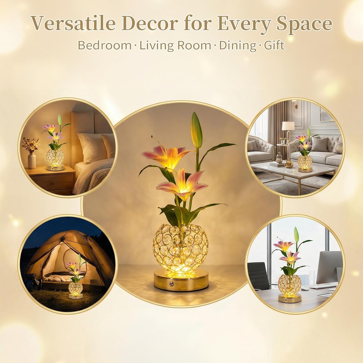Stargazer Lily Flowers Table Lamp, Rechargeable Cordless Touch Crystal Lamp with 3 Color Modes, Easter Lily Night Light for Bedroom Kitchen Office Decor, Birthday Mothers Day Gifts for Women Mom