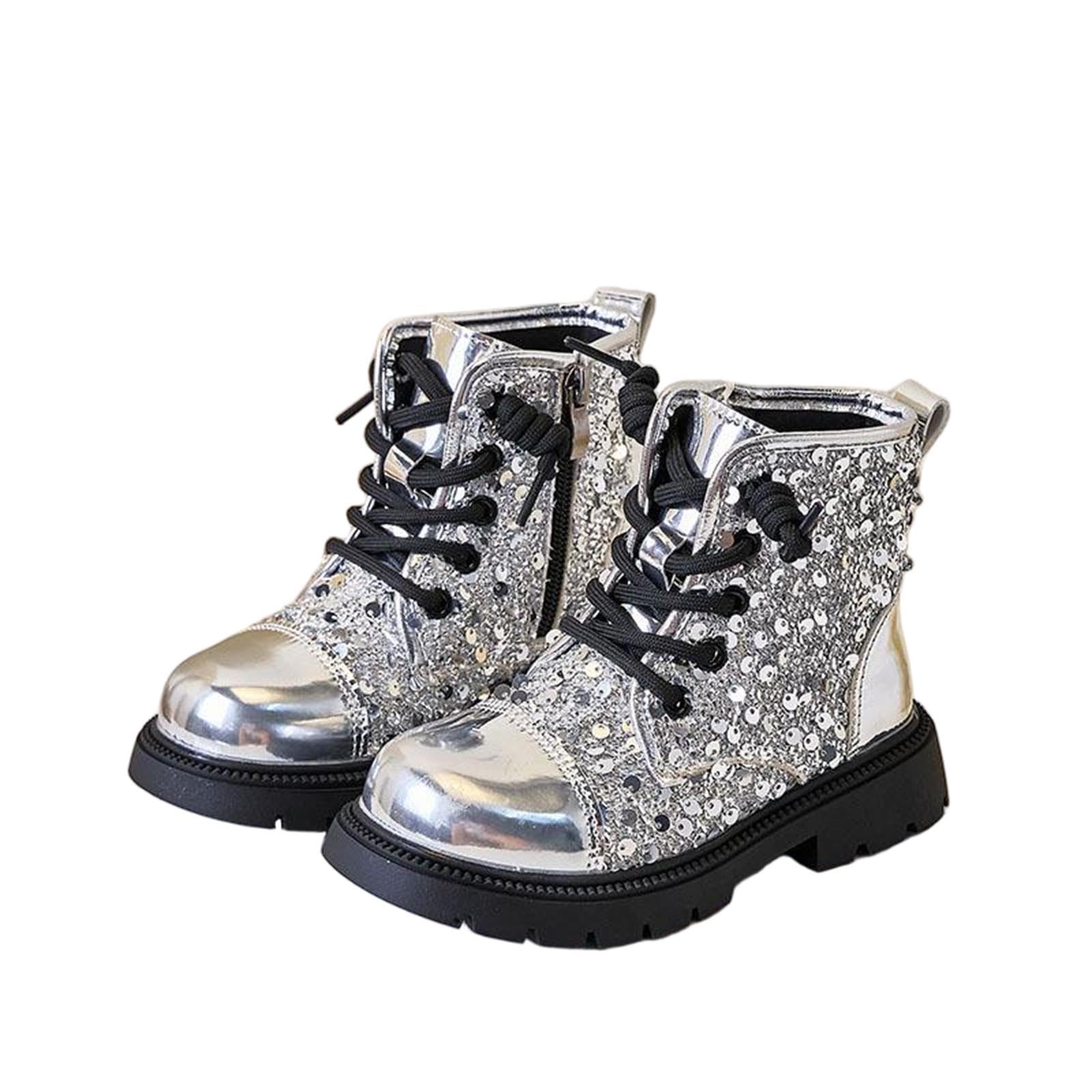 Girls Sequin Ankle Boots Lace Up Combat Boots PU Leaher Side Zipper Lug Sole Sparkle Riding Short Booties