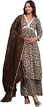 Women's Block Print Cotton V Neck Anarkali Kurta with Pant and Dupatta Suit Set