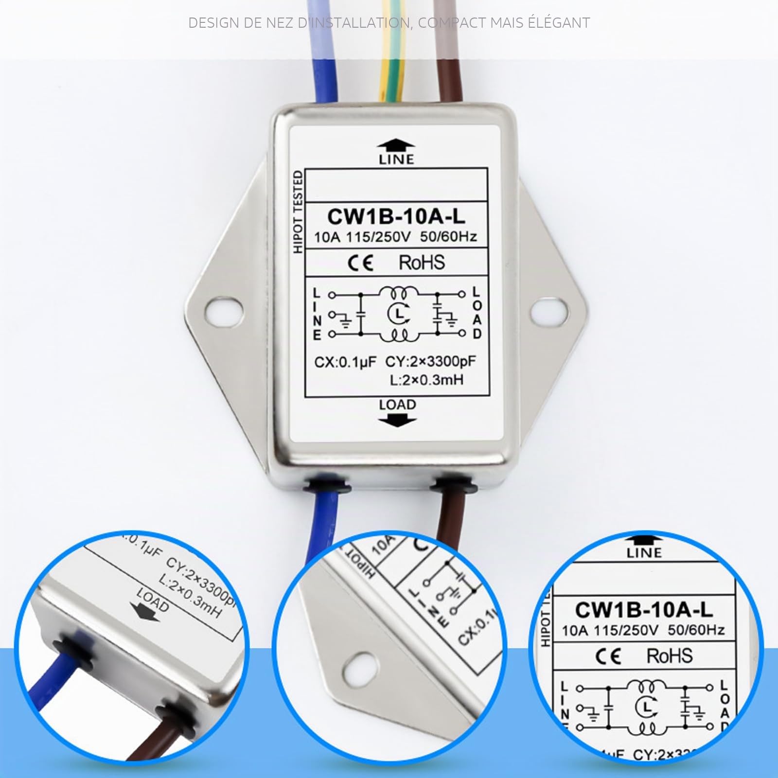 2 pièces de filtre EMI, CW1B-10A-L (040) filtre monophasé, 250 V filtres d'interférences électromagnétiques, pour la suppression des perturbations continues et intermittentes