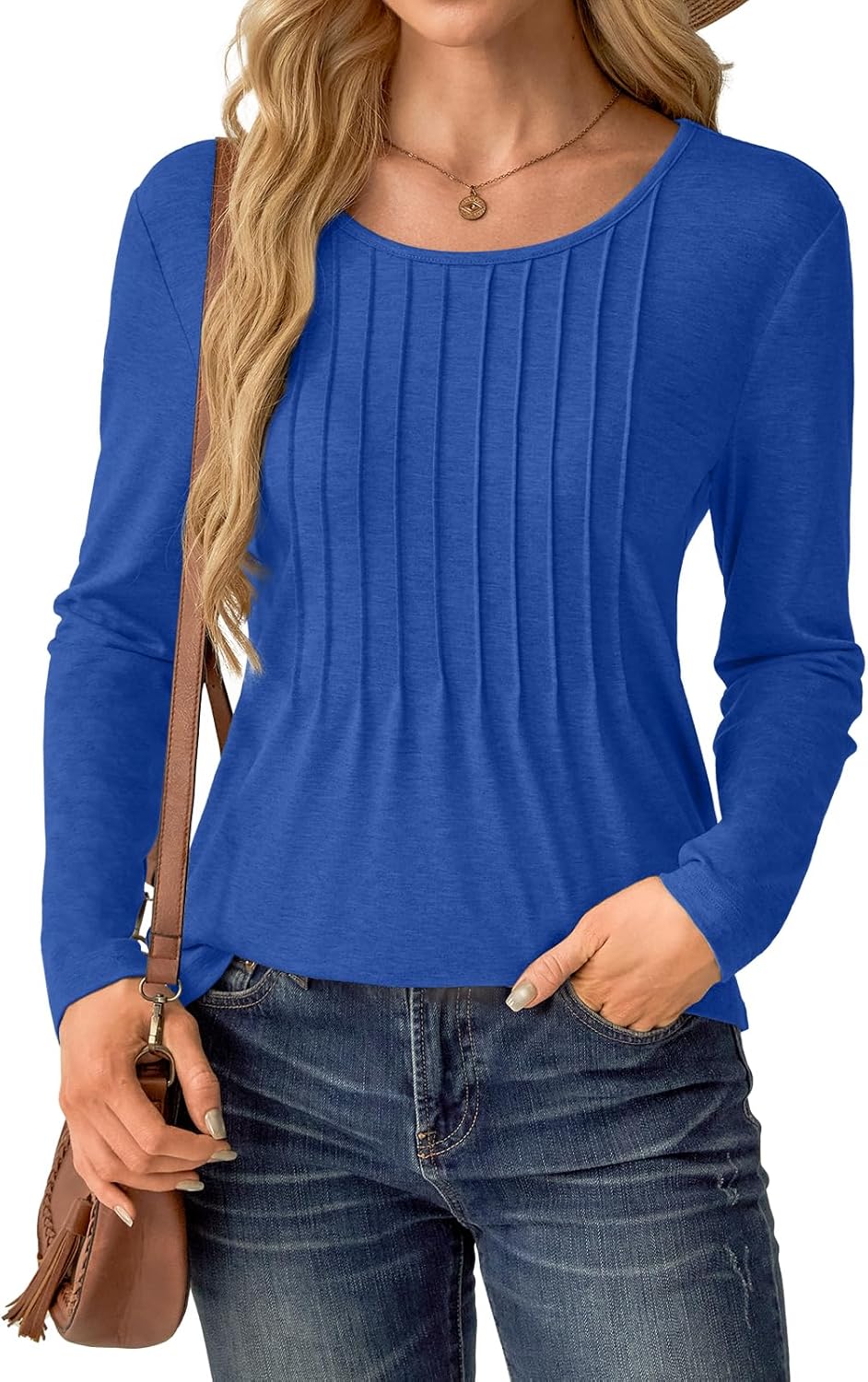 NORACORA Long Sleeve Pleated Tops for Women Dressy Casual Chic Crew Neck Blouses Shirts Loose Fit Trendy Fall Clothes 2025 - Image 3