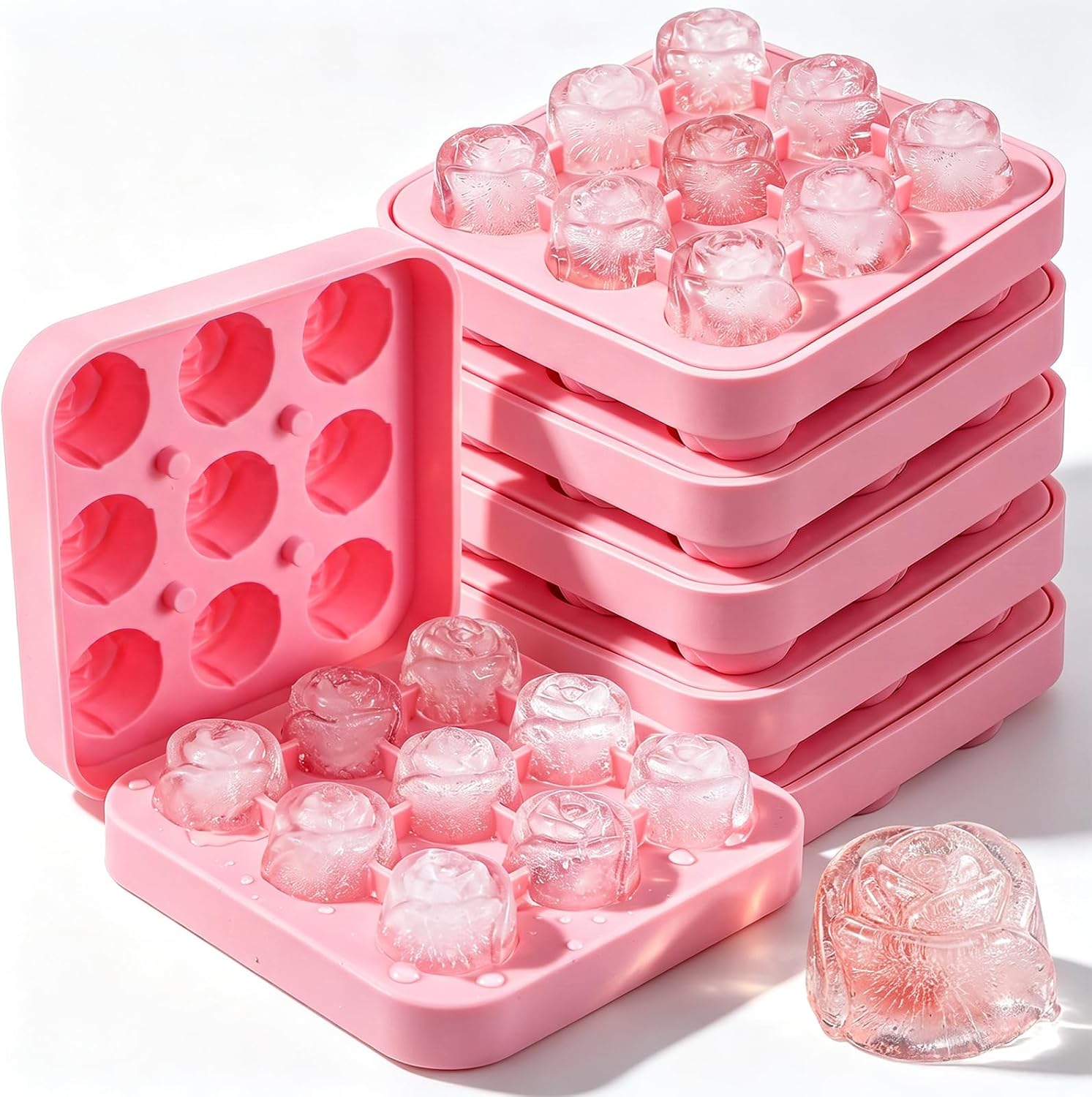 6PCS Rose Ice Cube Mold with Lids, 9 Cavity Silicone Flower Ice Tray for Whiskey Bourbon Cocktails Wine Coffee Juices, Easy Release Pink Mold Maker for Party Drinks