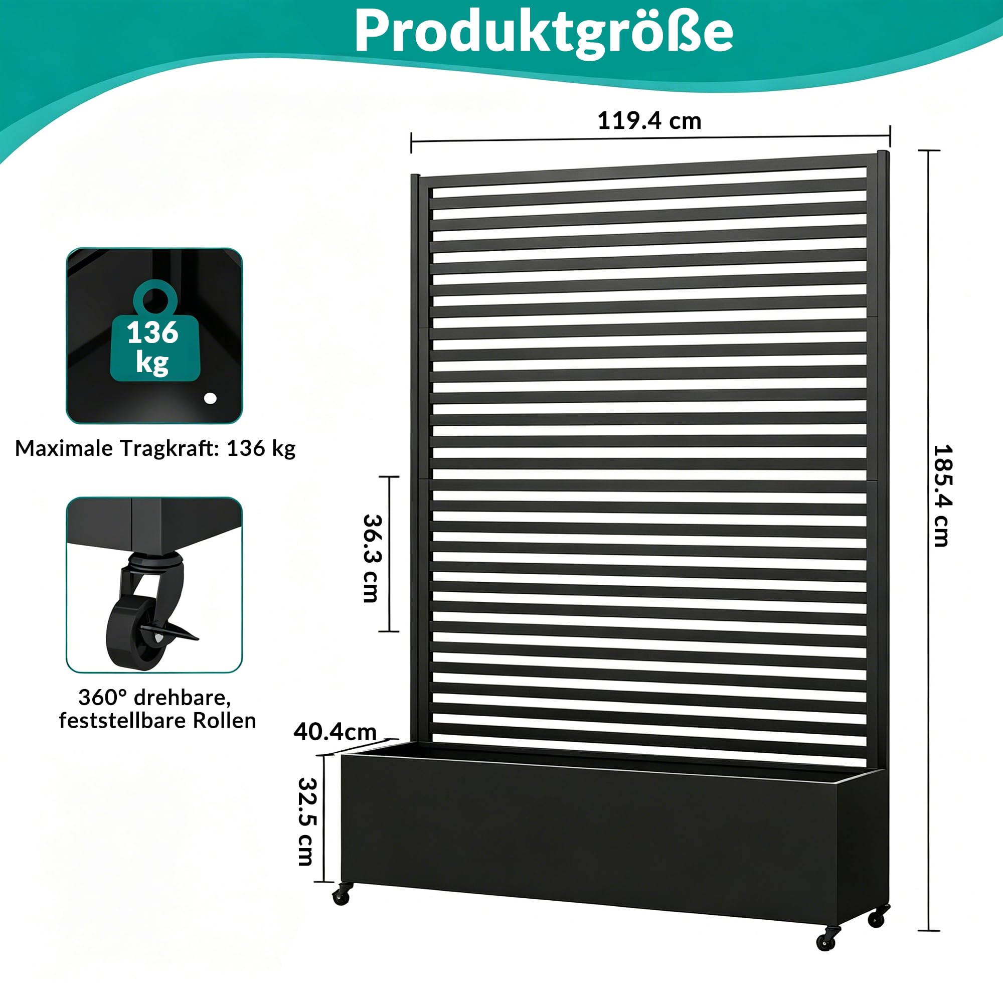 Pflanzkasten aus Metall für den Außenbereich mit Spalier, Hochbeet aus Metall mit Rad, freistehender Sichtschutz-Pflanzkasten für Blumen, Gemüse im Garten, auf der Terrasse, auf dem Balkon