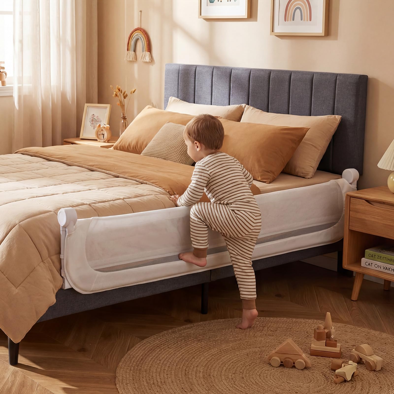 FANTASK Bettgitter klappbar, Kinderschutzgitter mit U-förmigem Gestell & Gurt, Bettschutzgitter mit abnehmbarem Oxford-Bezug, Rausfallschutz für Kinderbett Elternbett Boxspringbett (Weiß, 180 x 60 cm)