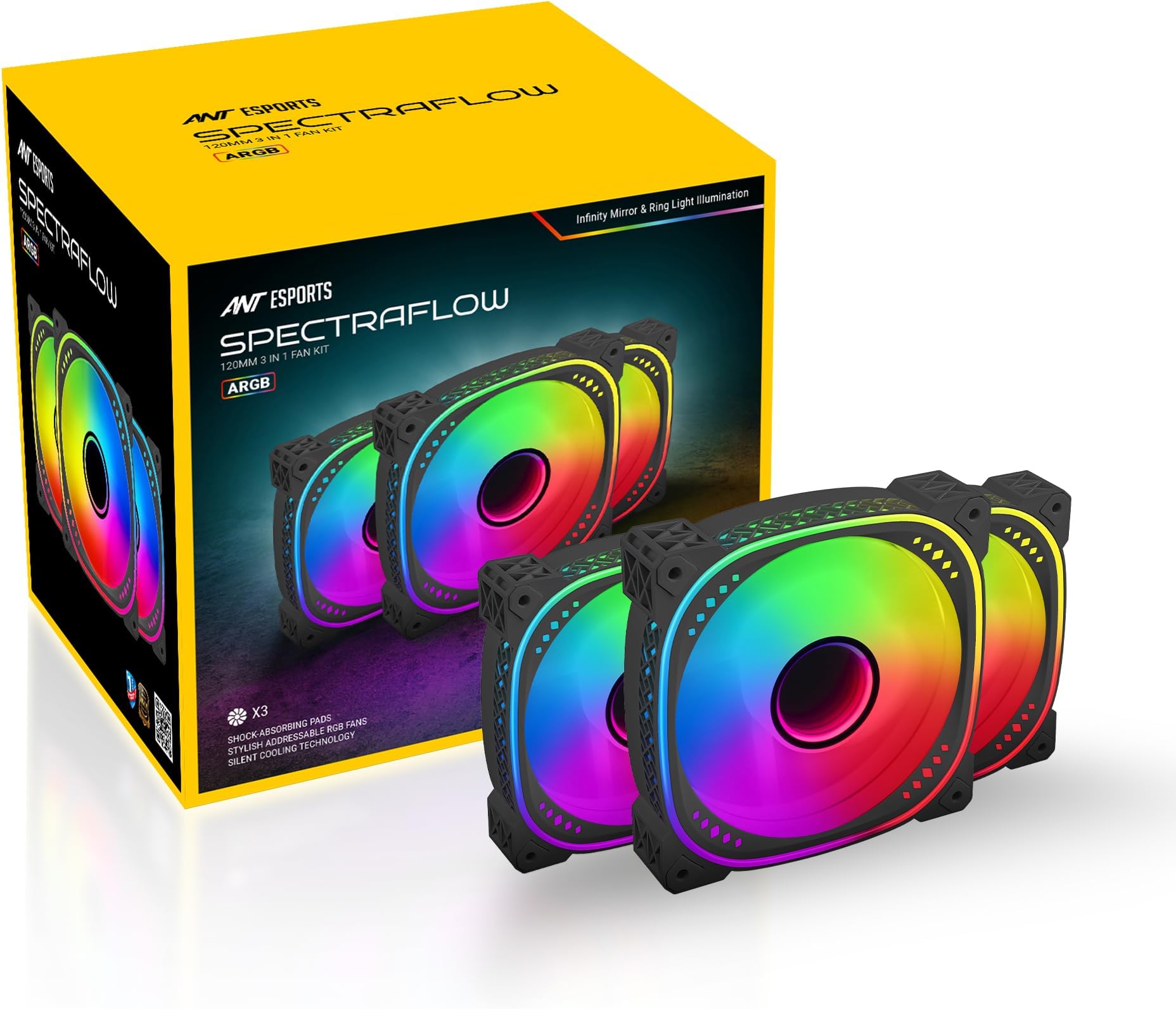 Spectraflow 120mm 3 IN 1 ARGB Case Fan Kit - Black, Infinity Mirror Design, PWM Control, 1800 RPM, 45 CFM Airflow
