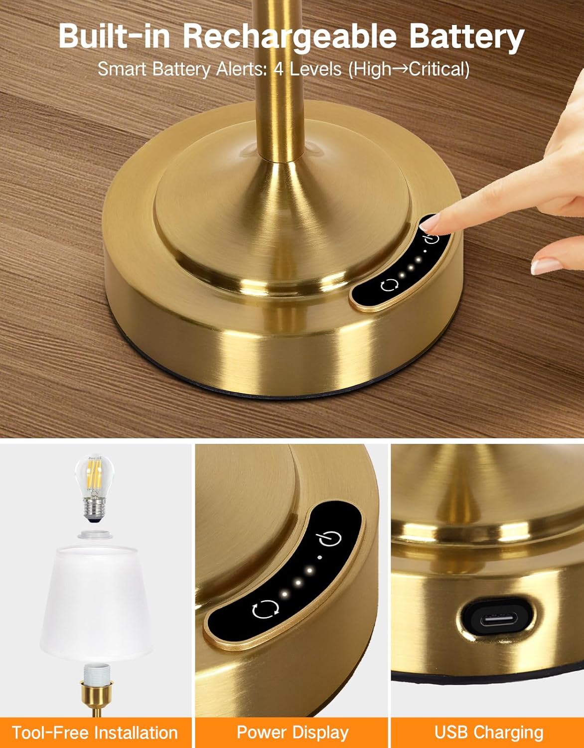OUTON Cordless Rechargeable Table Lamp – 3 Color Temperatures, Battery Display, Touch Dimmable LED Light, USB-C Charging, Fabric Shade, Memory Function for Bedroom, Living Room, Patio (Small-Gold)