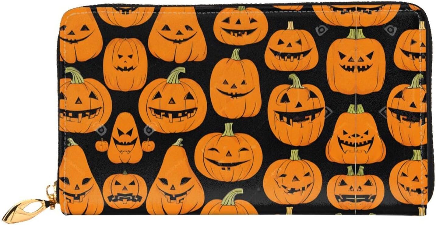 (Halloween Pumpkin Patterns) Print Women's Long Wallet Clutch with Zipper Multiple Card Slots Coin Pocket Elegant Ladies Purse