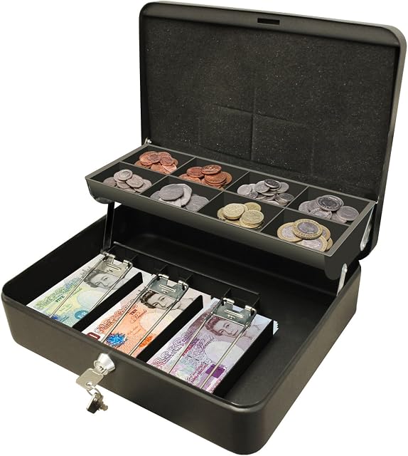 Cathedral Products CBDLBK 12-Inch The Ultimate Cash Box Secure Lock with Coin Tray For Petty Cash - Black