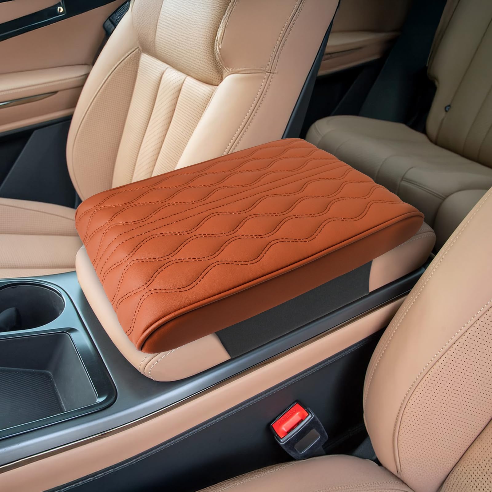 Car Center Console Cover-Armrest Box Mat,Memory Foam Leather Arm Rest Covering Car, Arm Rest Cushion for SUV/Truck/Vehicle(Brown)