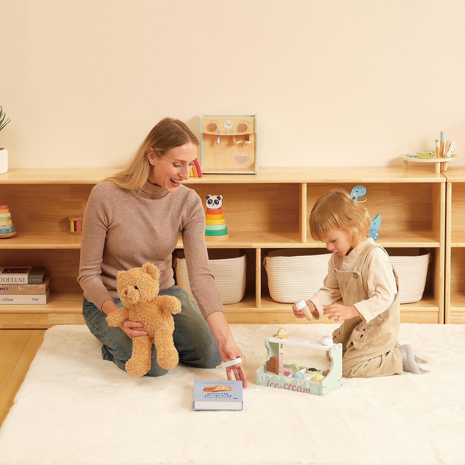 OOOK Étagère-Montessori 5 Cases Bois d'hévéa 110cm (43,3'') - 2 systèmes Rangement & Stockage - Armoire en Bois pour Chambre d'enfant, Salle de Jeux, garderie, Classe & Maternelle
