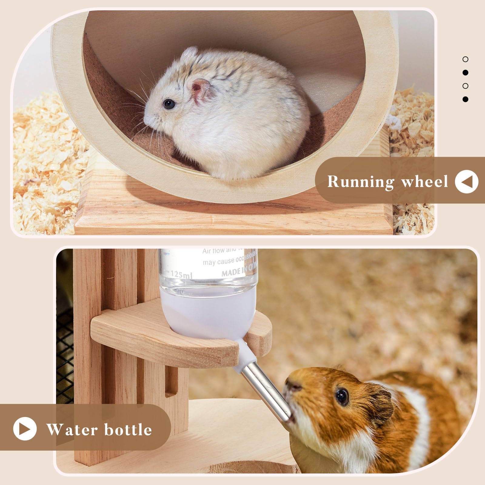 2 Pcs S, 7.9 Inch Wooden Hamster Wheels and Wood Hamster Water Bottle Set Guinea Pig Running Silent Exercise Wheels Small Animal Water Dispenser Stand Holder for Guinea Pig Gerbil - image 6