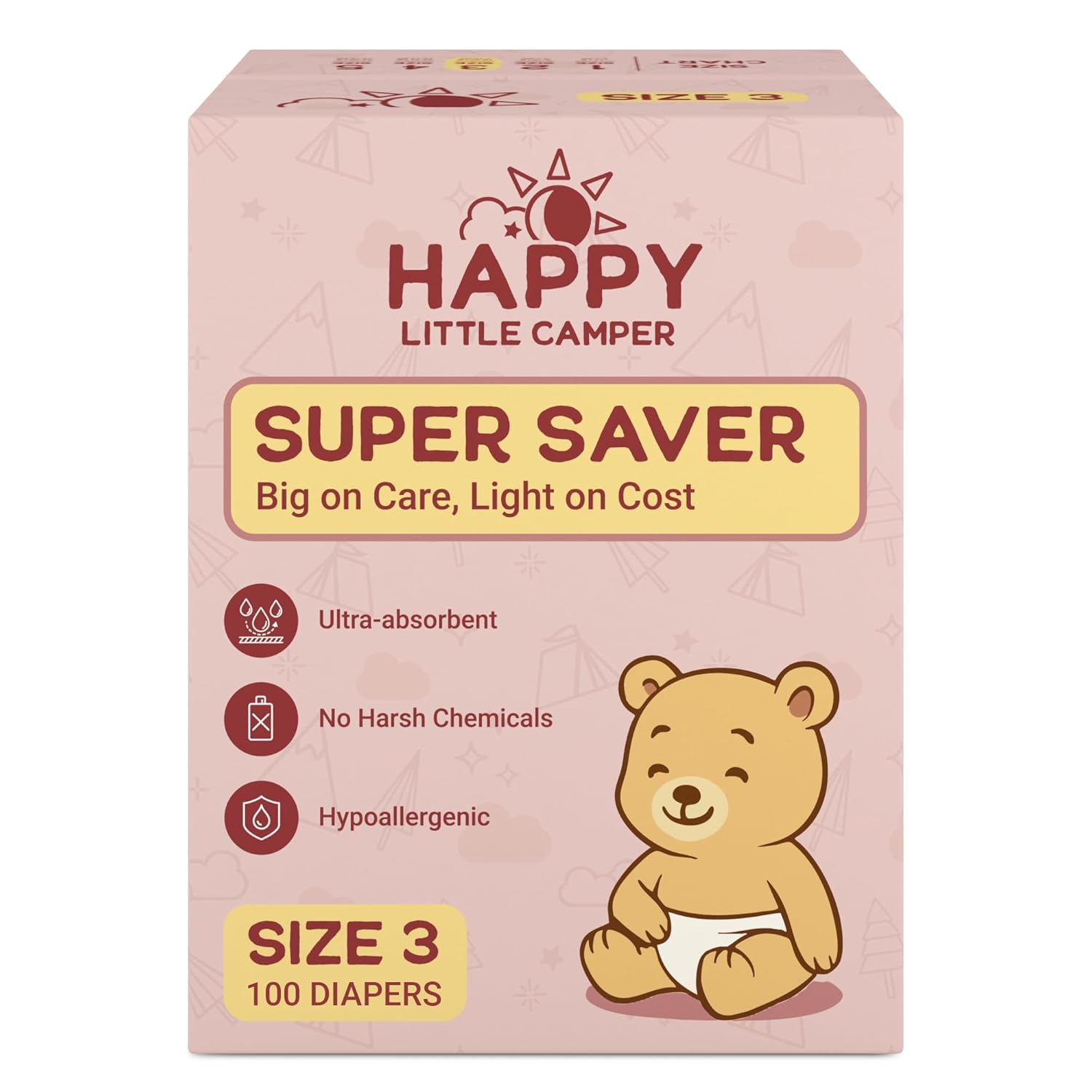 Happy Little Camper Super Saver Diapers, Size 3, 100 Count | Budget-Friendly Disposable Baby Diapers for Sensitive Skin | Hypoallergenic, Fragrance-Free, Ultra Absorbent