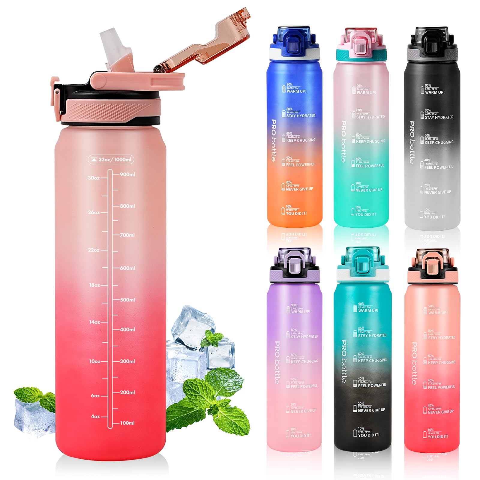 SEASEVEN Sports 1L Water Bottle with Straw,Plastic Drinks Bottle,1 Litre Water Bottles with Time Markings,Waterbottle Leak Proof-Bpa-Free for Gym,School, Office,Travel (Pink)
