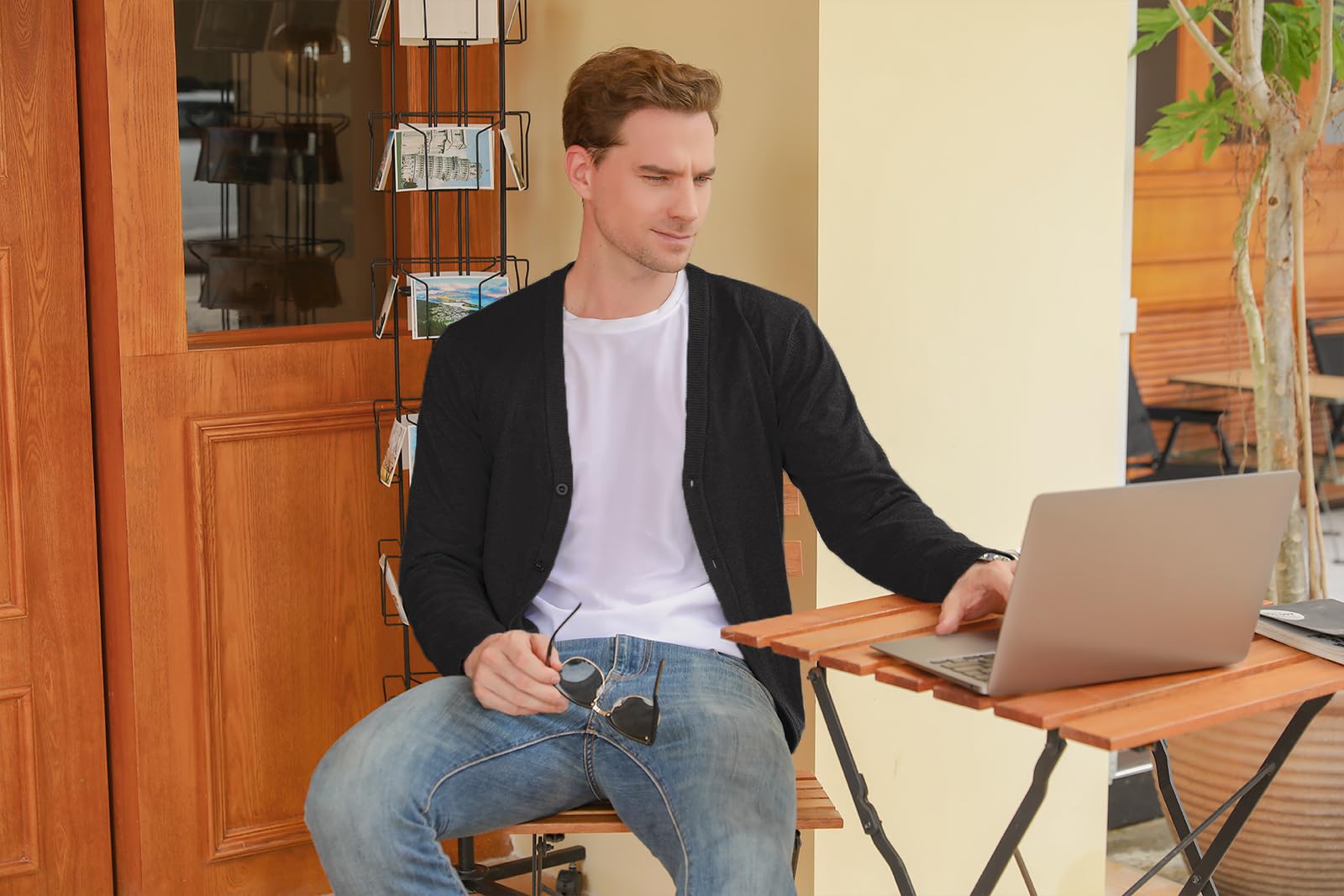 Sykooria Cárdigan de punto grueso para hombre, con cuello de pico
