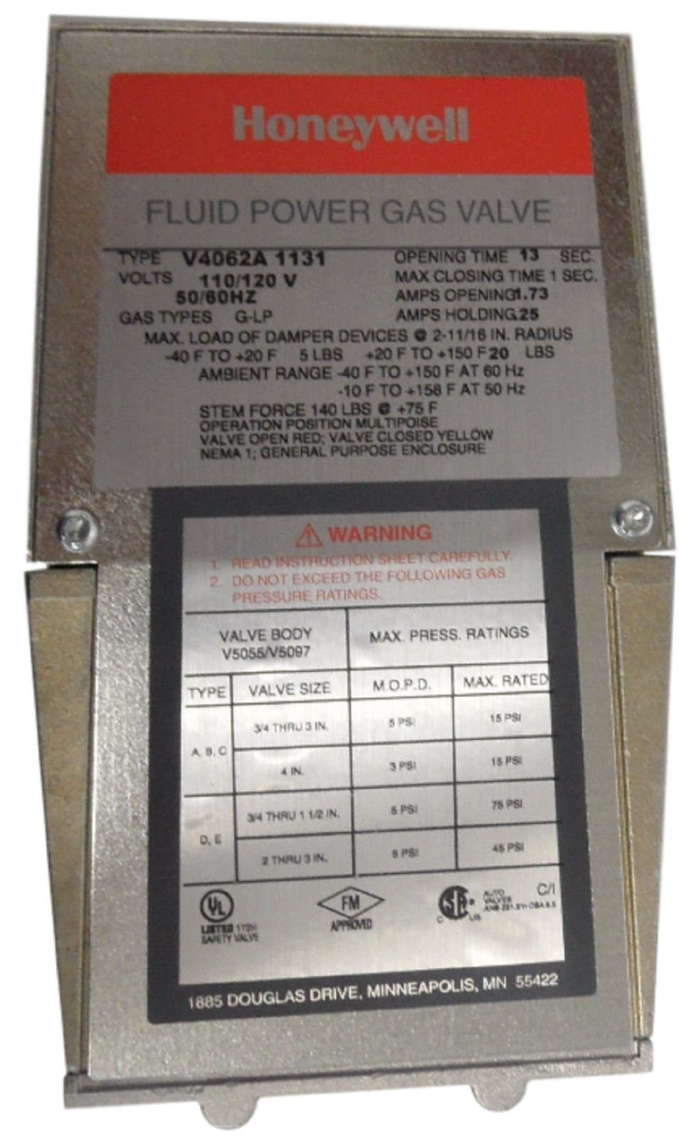Honeywell, Inc. V4062A1131 Off-Lo-Hi Fluid Power Gas Valve Actuator, 120 Vac, Damper Shaft