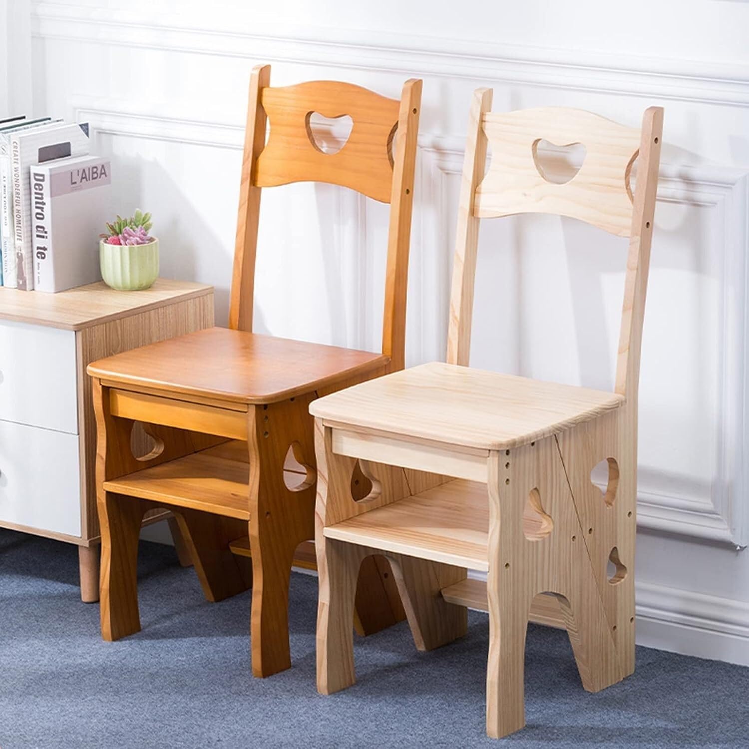 Wooden Folding Library Ladder Chair – 2-in-1 Step Stool & Seat, Lightweight 4-Step Ladder, White, Holds 330 Lbs