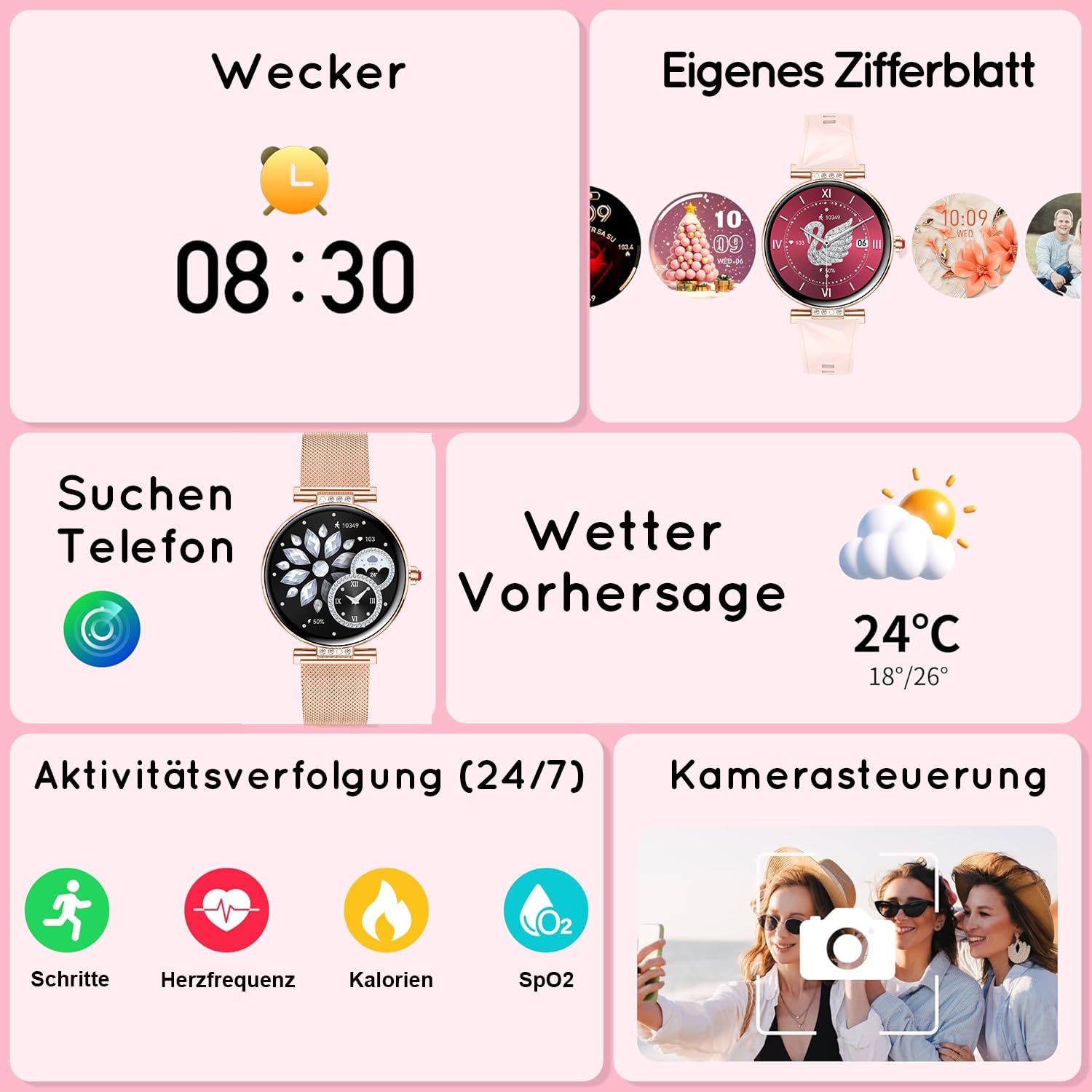 Smartwatch Damen Rund (3 Armbänder) 1,19" HD AMOLED Fitnessuhr mit Geschenk | Telefonfunktion Herzfrequenz SpO2 Schlafmonitor, 120+ Sportmodi Schrittzähler, IP68 Wasserdicht für iOS/Android, Roségold