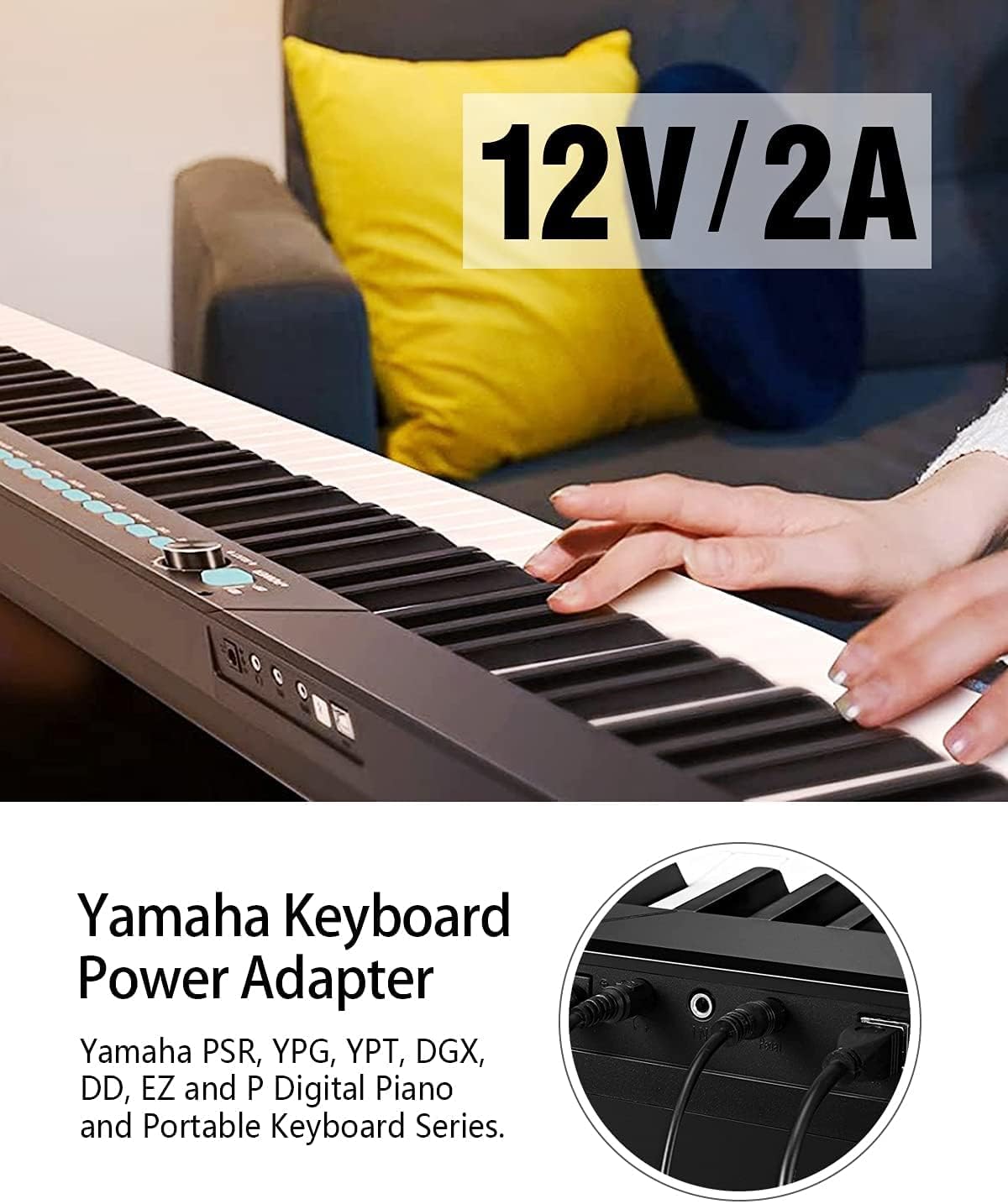 Fedus 12V 2A Ac Power Supply Long Cord Charging Adapter for Yamaha Psr, YPG, Ypt, Dgx, Dd, Ez and P Digital Piano and Portable Keyboard Series, Replacement Pa-130 Pa-130B (3 Meter, Black) - Image 5 thumbnail