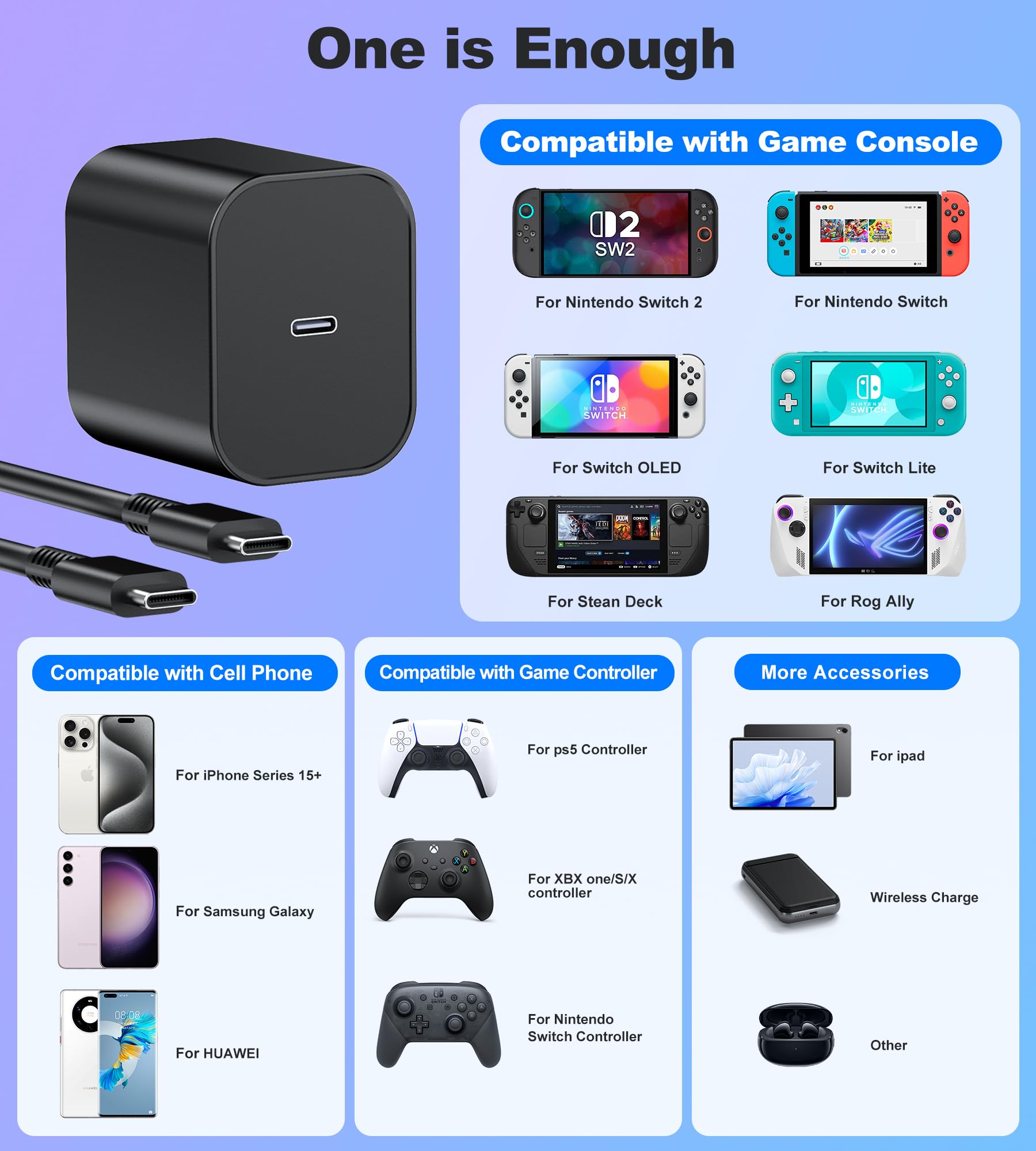 65W USB-C Fast Charger for Nintendo Switch 2/1/OLED/Lite & Steam Deck/OLED, 6.6FT Cable PD3.0 GaN Tech, Original Quality Replacement Switch 2 AC Adapter, Supports 4K TV Mode, for Xbox X Controller